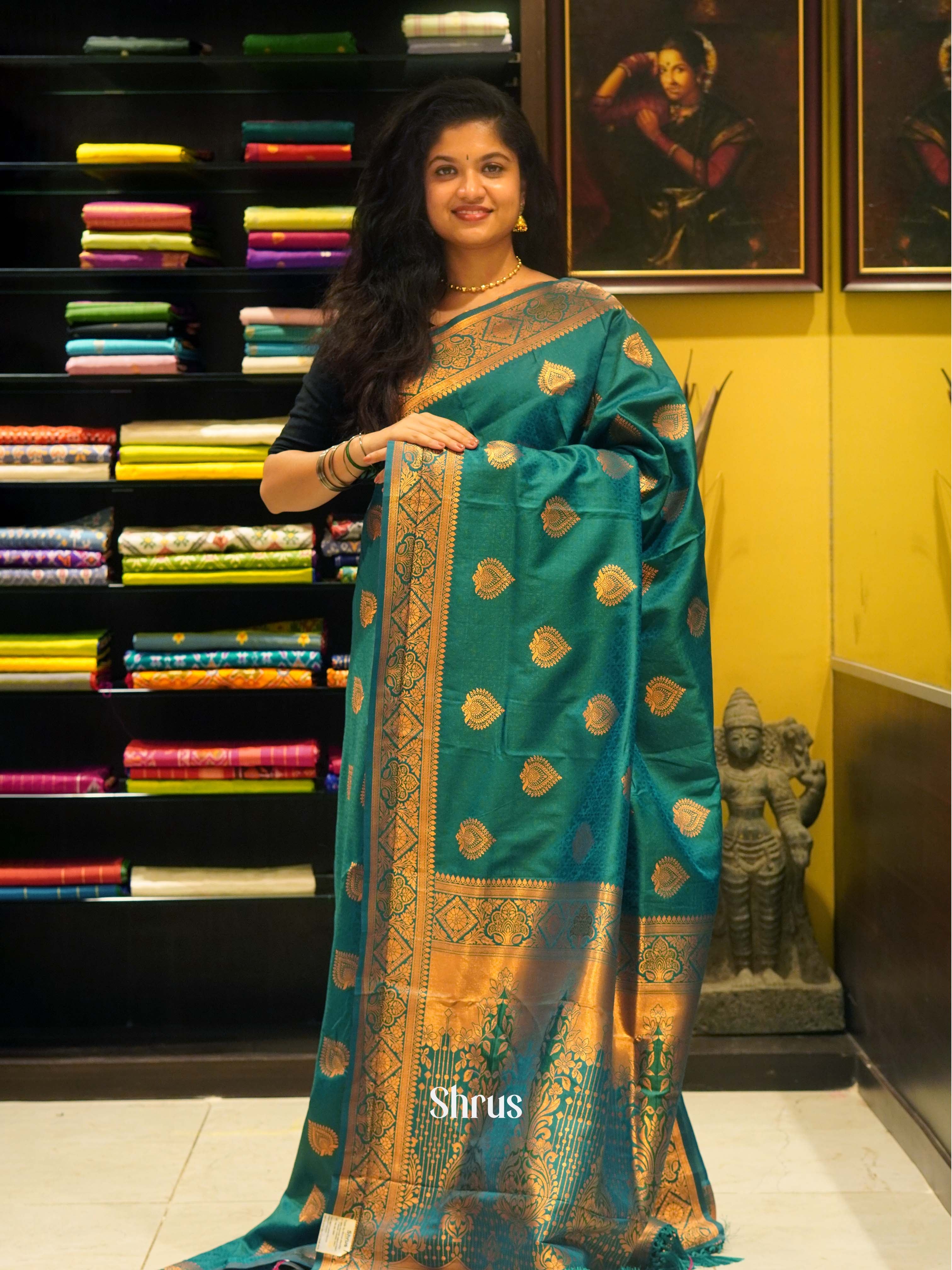 Green - Semi Kanchipuram Saree - Shop on ShrusEternity.com