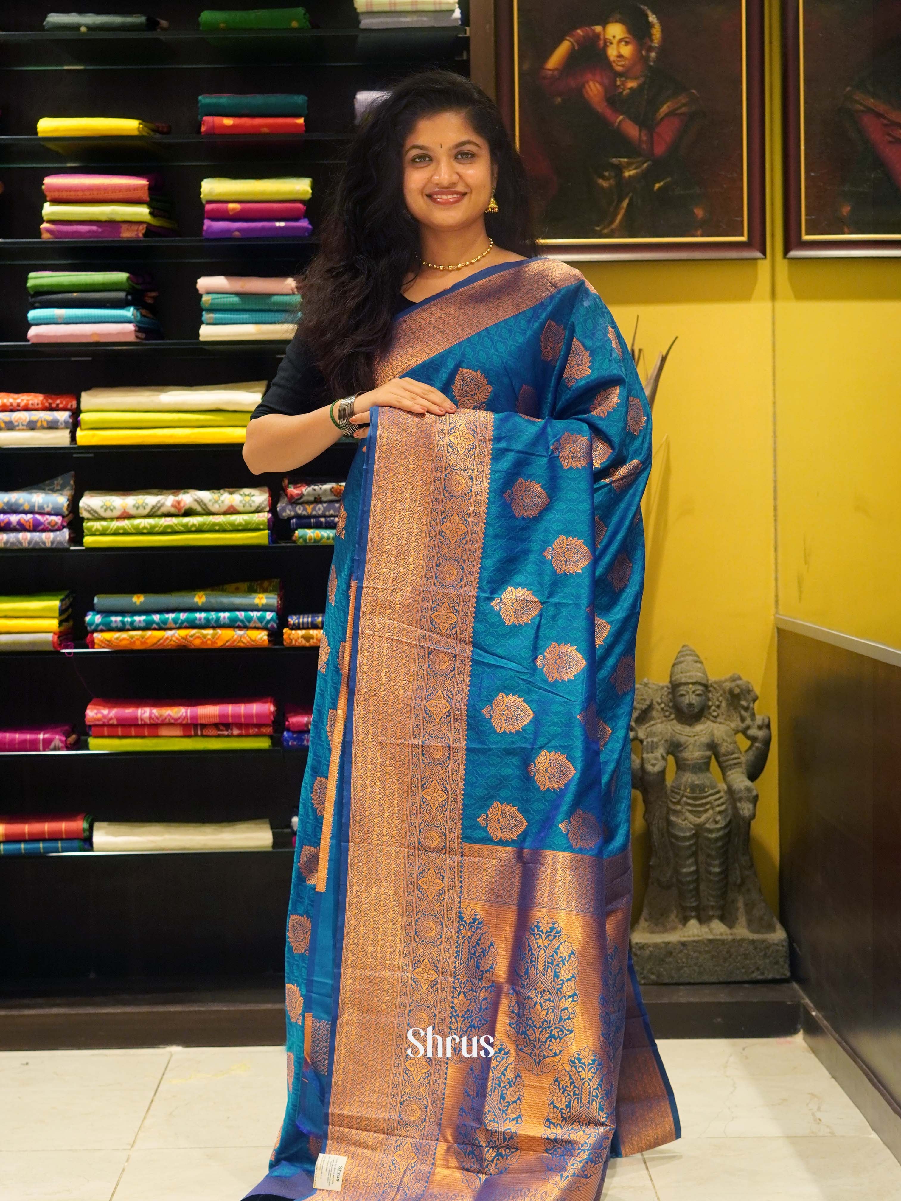Blue(Single Tone) - Semi Kanchipuram Saree - Shop on ShrusEternity.com