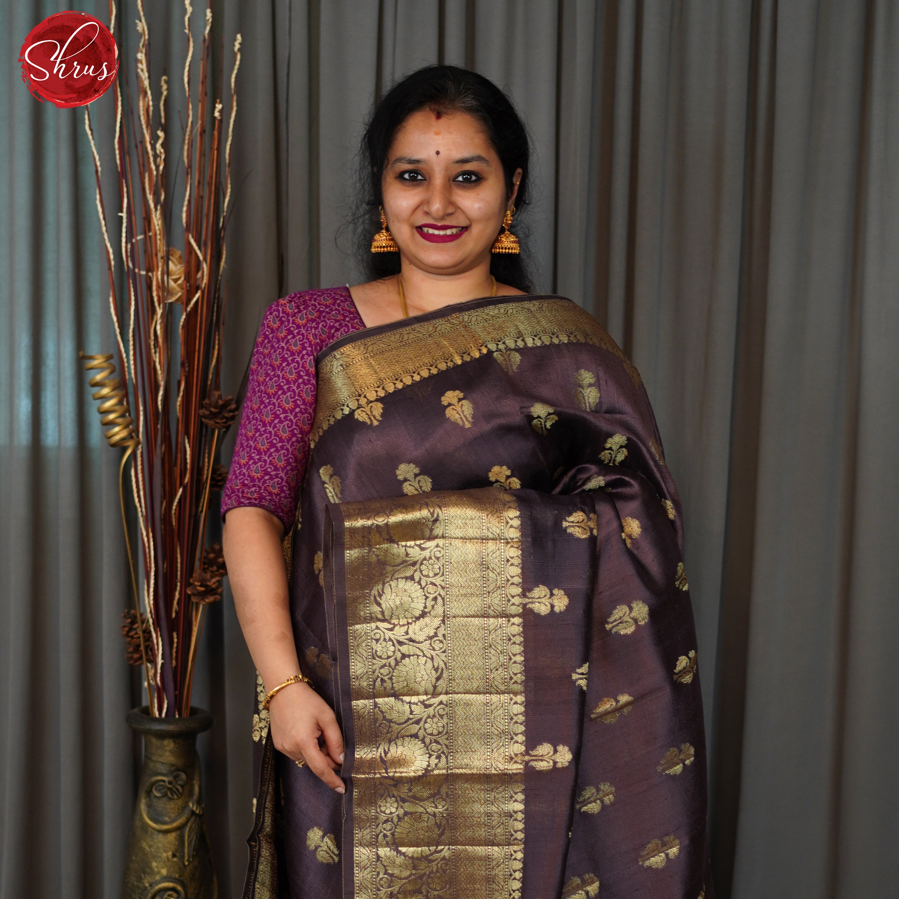 Brown(Single Tone) - Dupion Saree - Shop on ShrusEternity.com