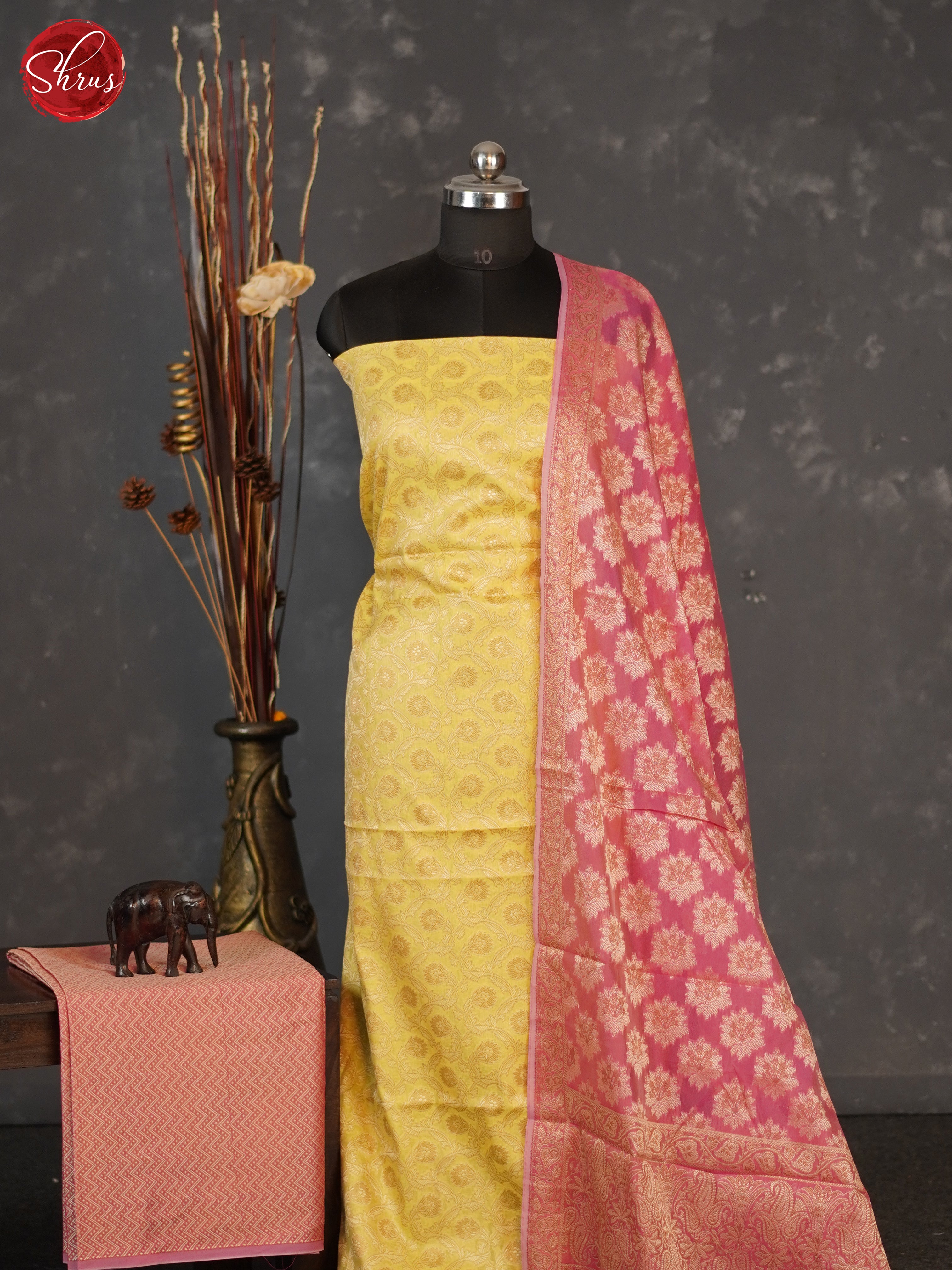Yellow & Pink- Semi banaras salwar - Shop on ShrusEternity.com