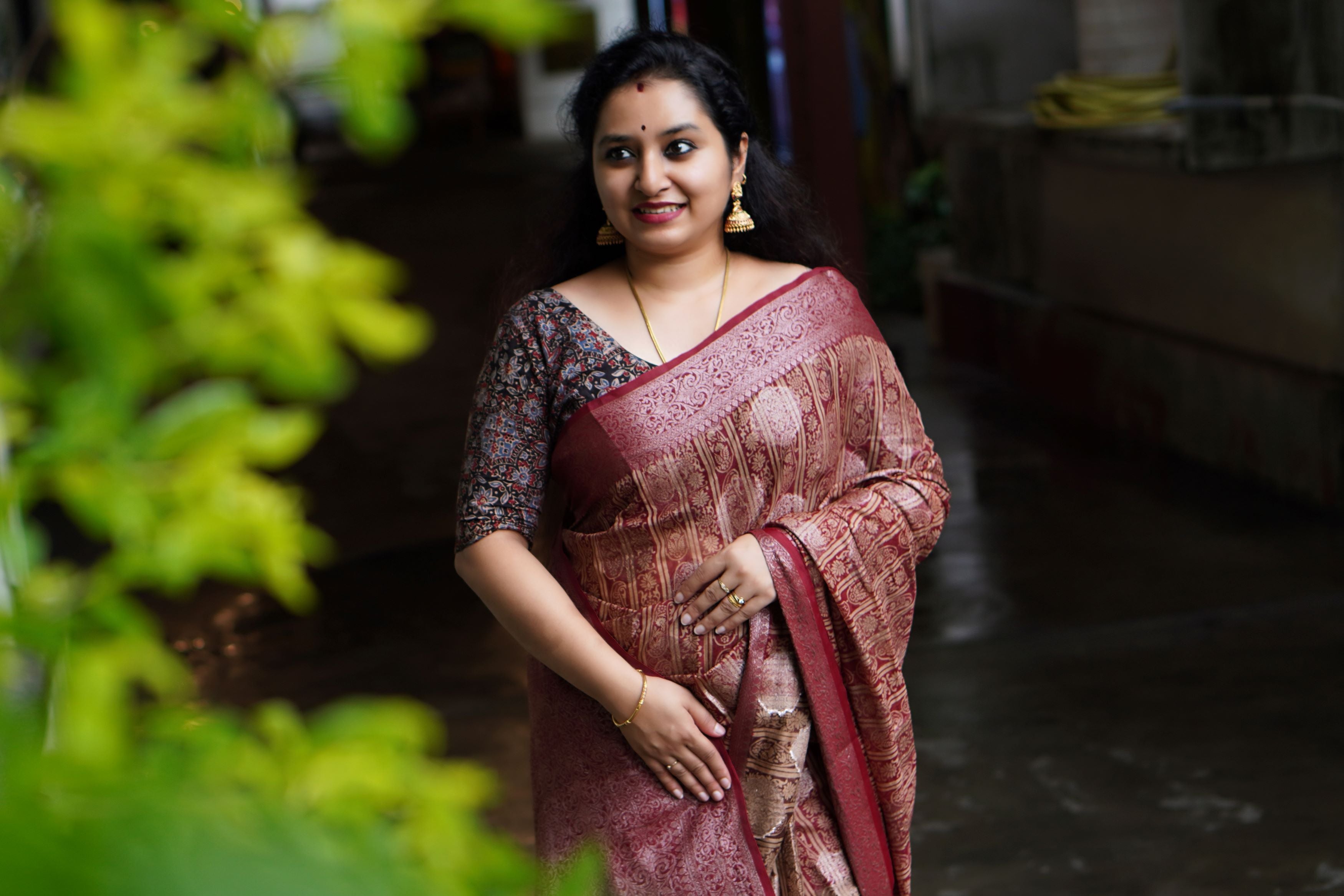 Maroon (Single Tone) - Chanderi saree with Block Printing work - Shop on ShrusEternity.com