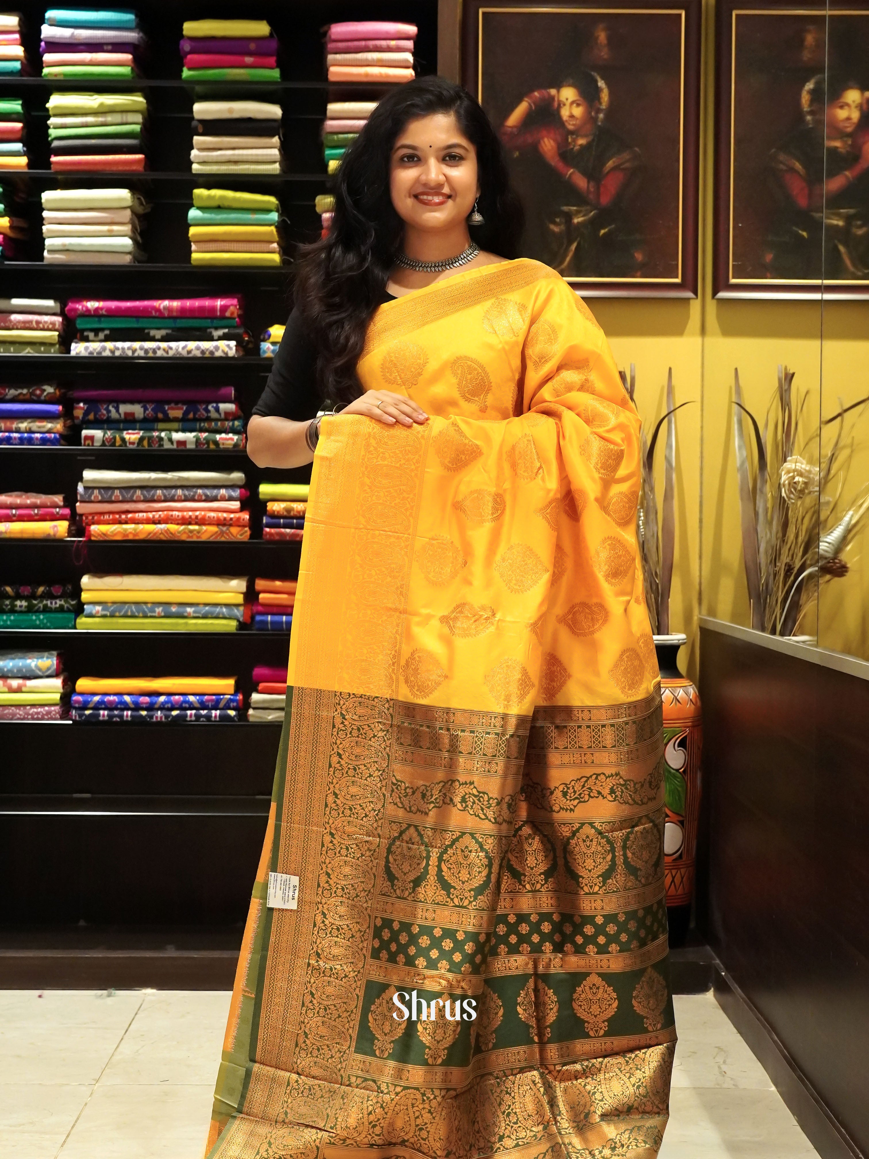 Yellow & Green - Semi Softsilk Saree - Shop on ShrusEternity.com