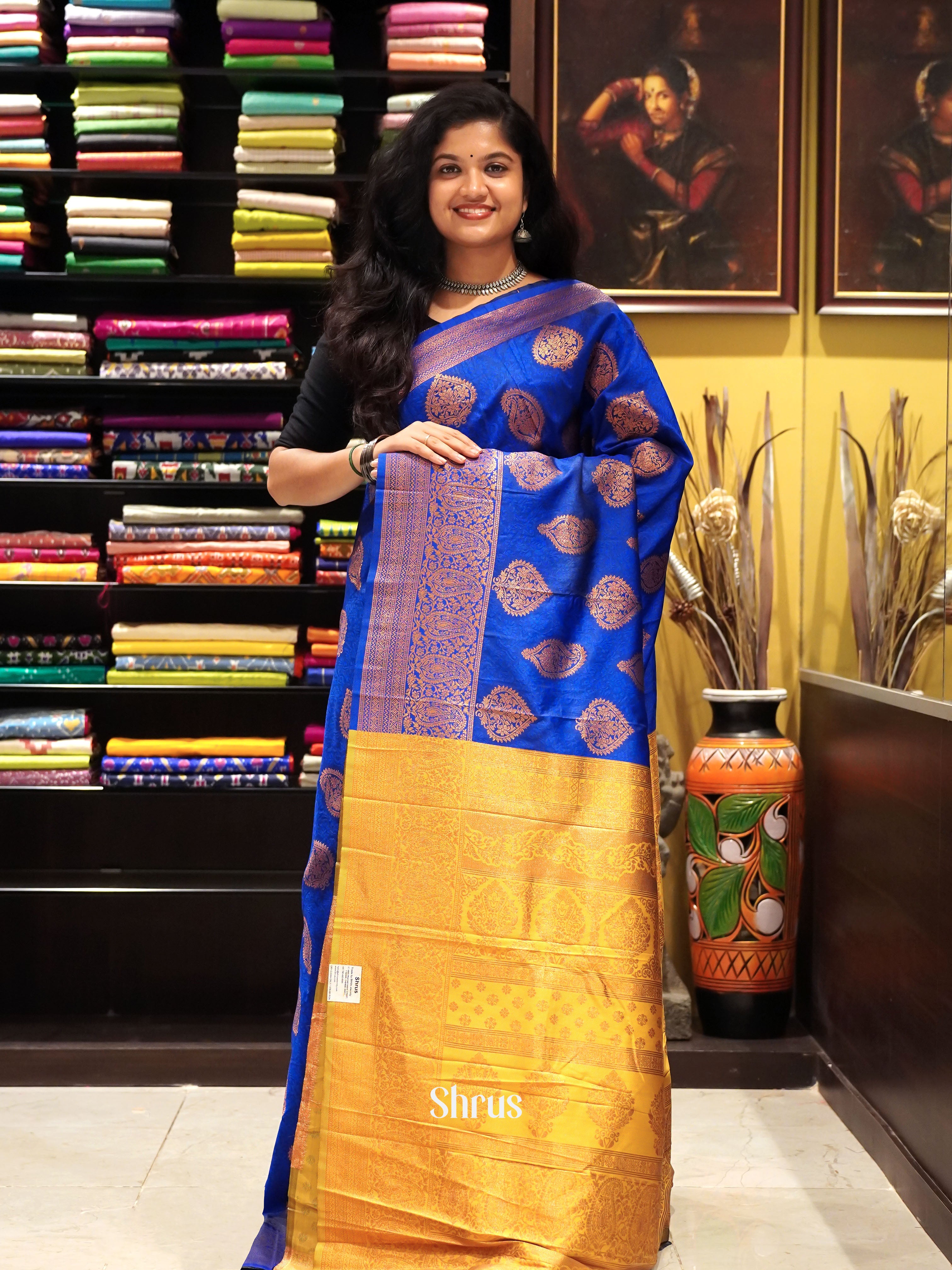 Blue & Mustard - Semi Softsilk Saree - Shop on ShrusEternity.com