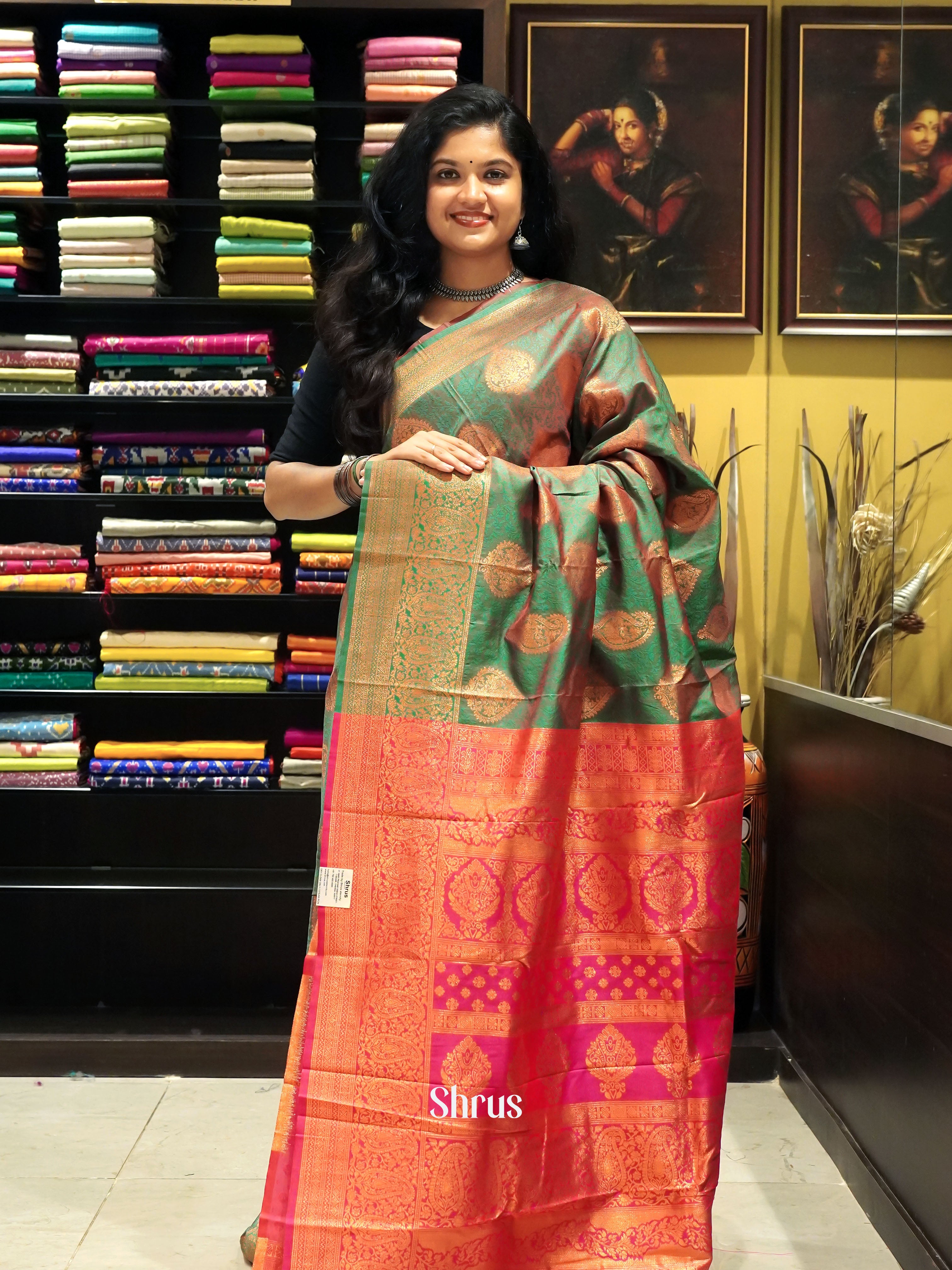 Green & Pink - Semi Softsilk Saree - Shop on ShrusEternity.com