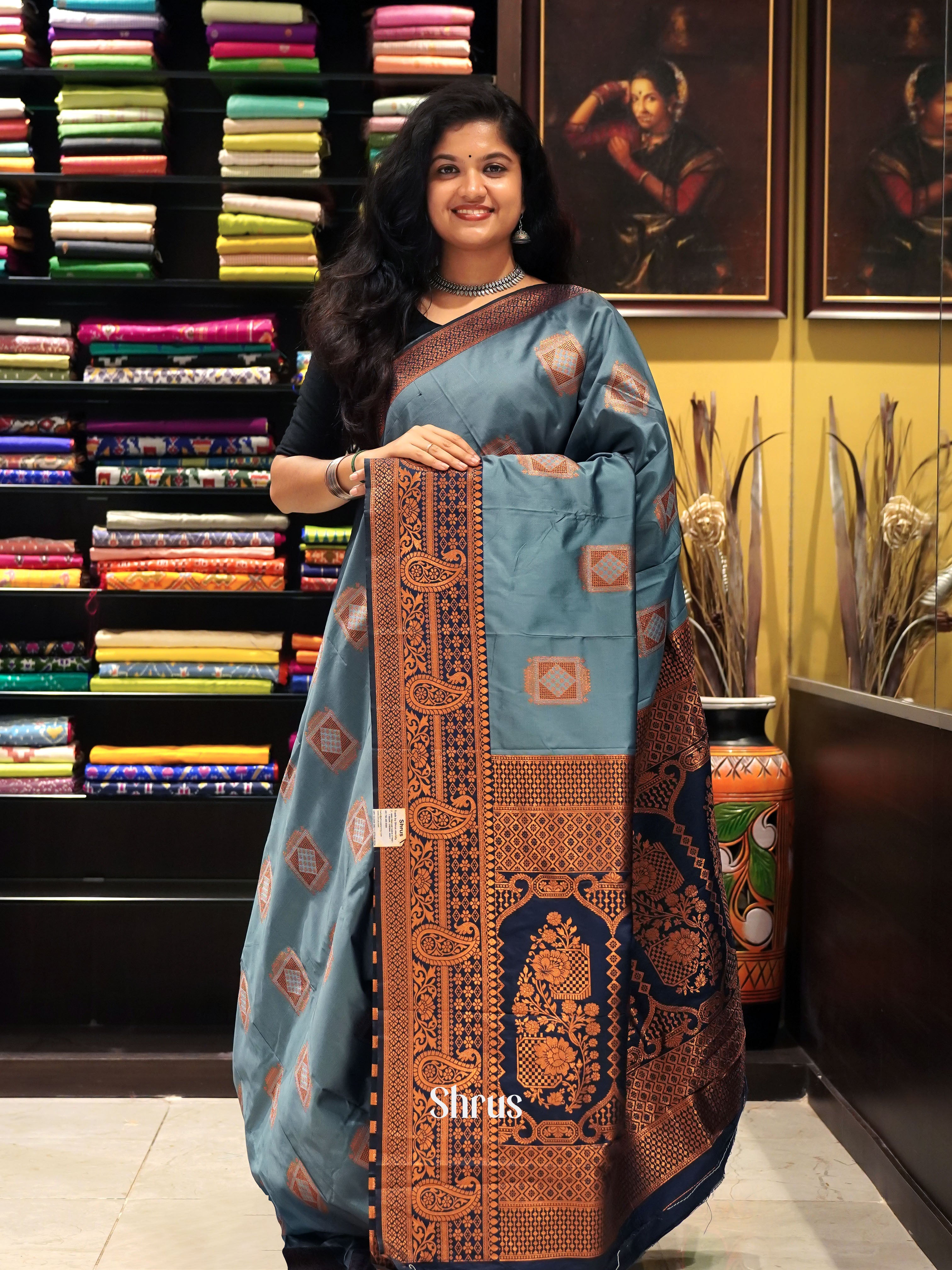Grey & Blue - Semi Softsilk Saree - Shop on ShrusEternity.com