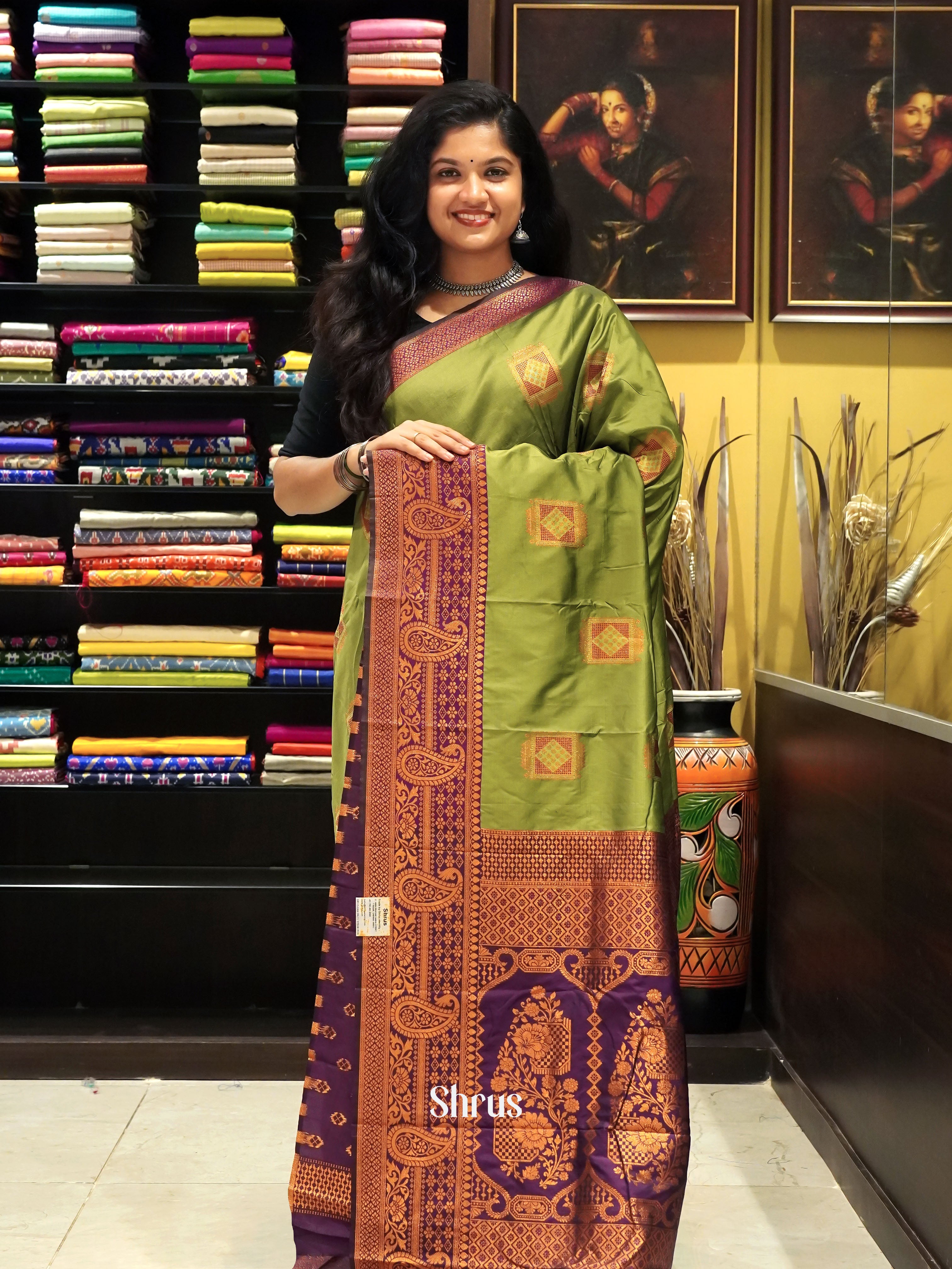 Green & Wine- Semi Softsilk Saree - Shop on ShrusEternity.com