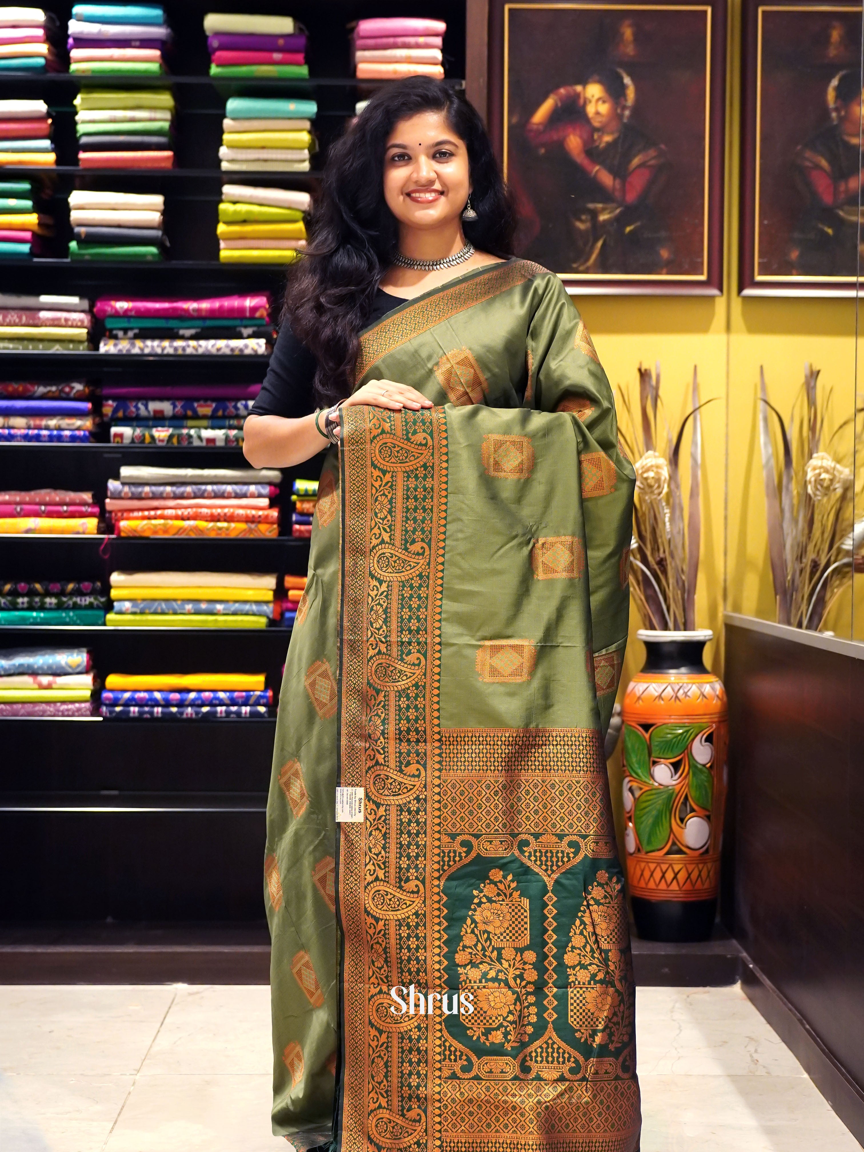 Mehandi Green & Green- Semi Softsilk Saree - Shop on ShrusEternity.com