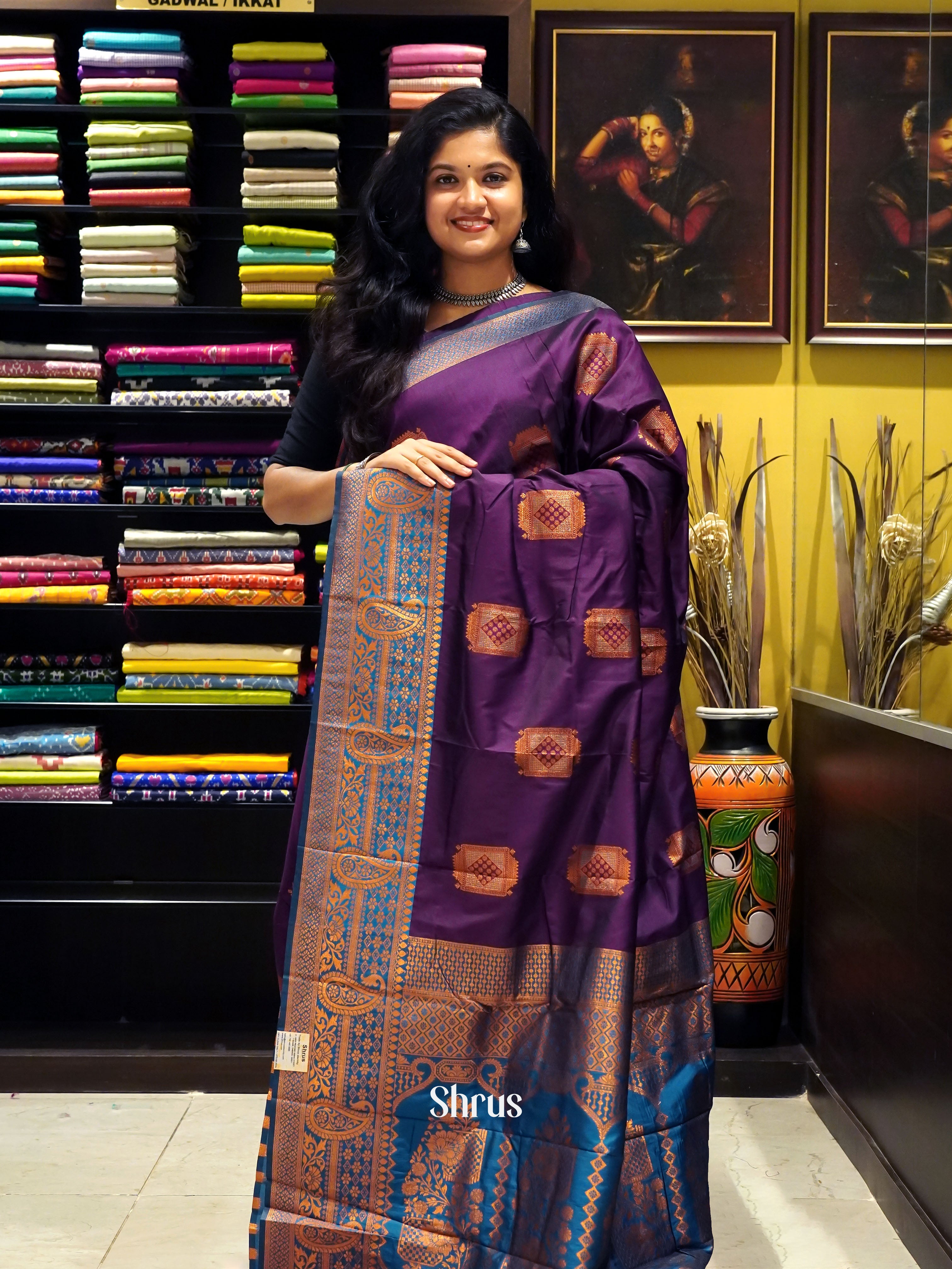 Wine & Blue - Semi Softsilk Saree - Shop on ShrusEternity.com