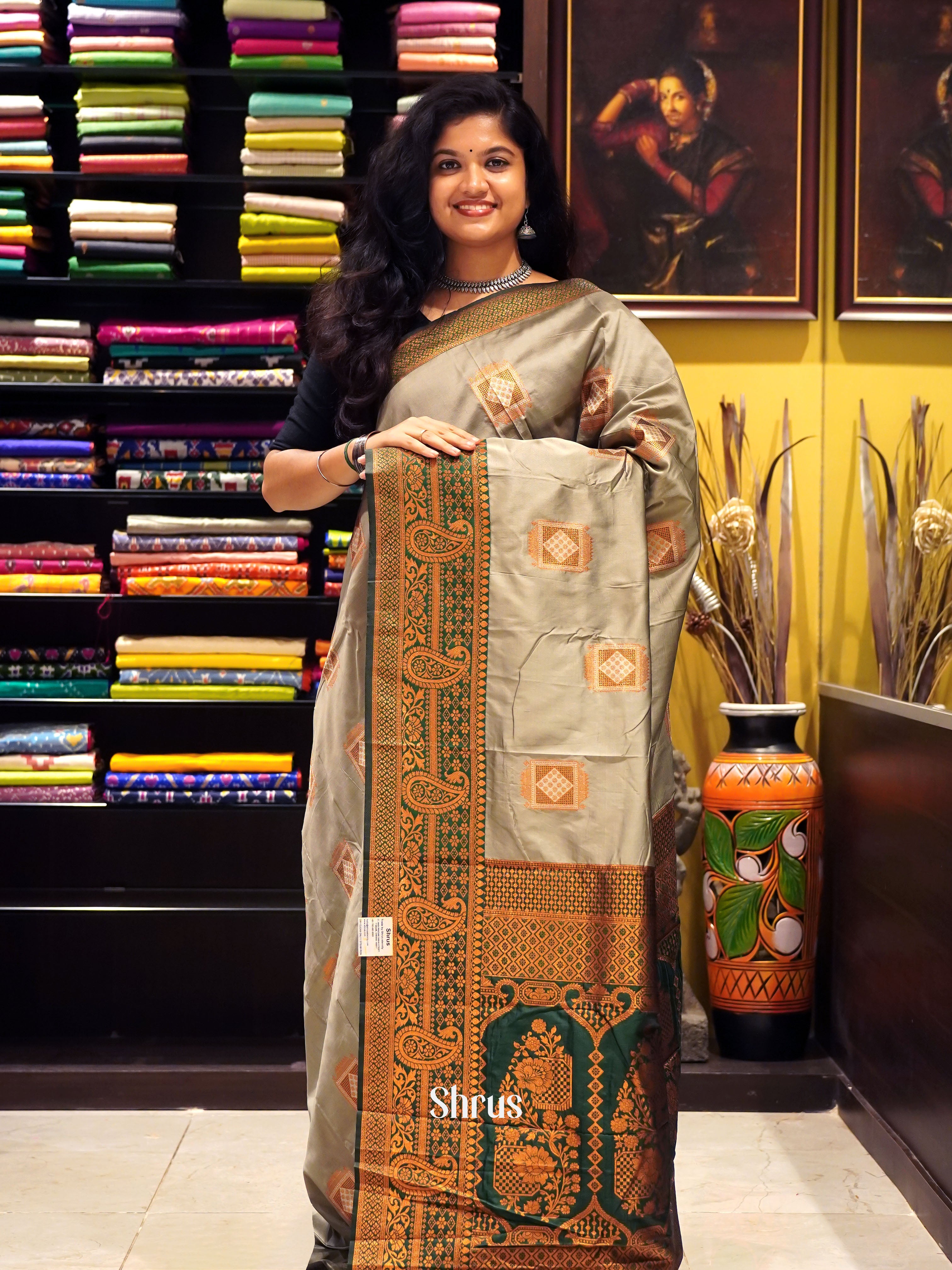 Grey & Green- Semi Softsilk Saree - Shop on ShrusEternity.com