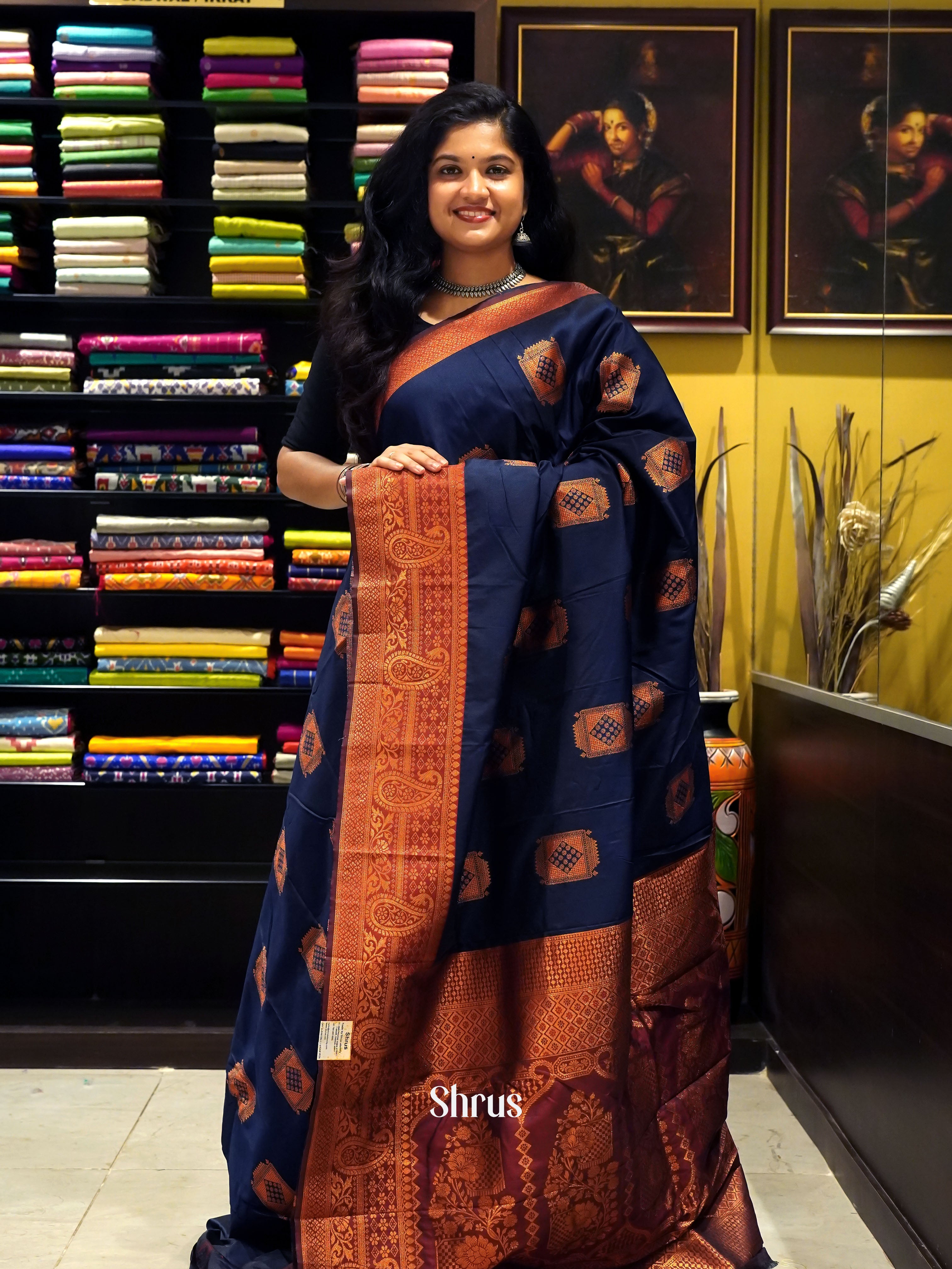 Navy Blue(Single Tone) - Semi Softsilk Saree - Shop on ShrusEternity.com