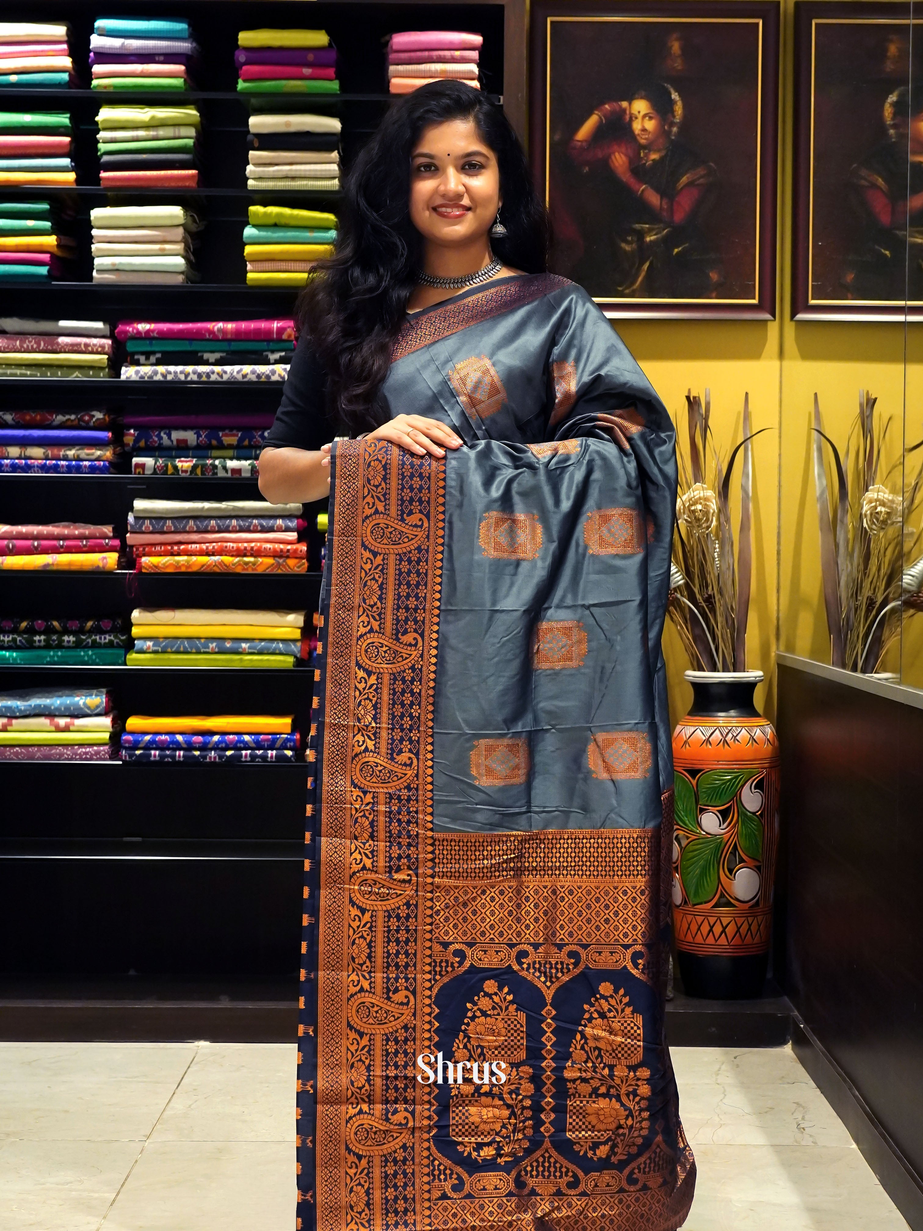 Grey & Blue - Semi Softsilk Saree - Shop on ShrusEternity.com