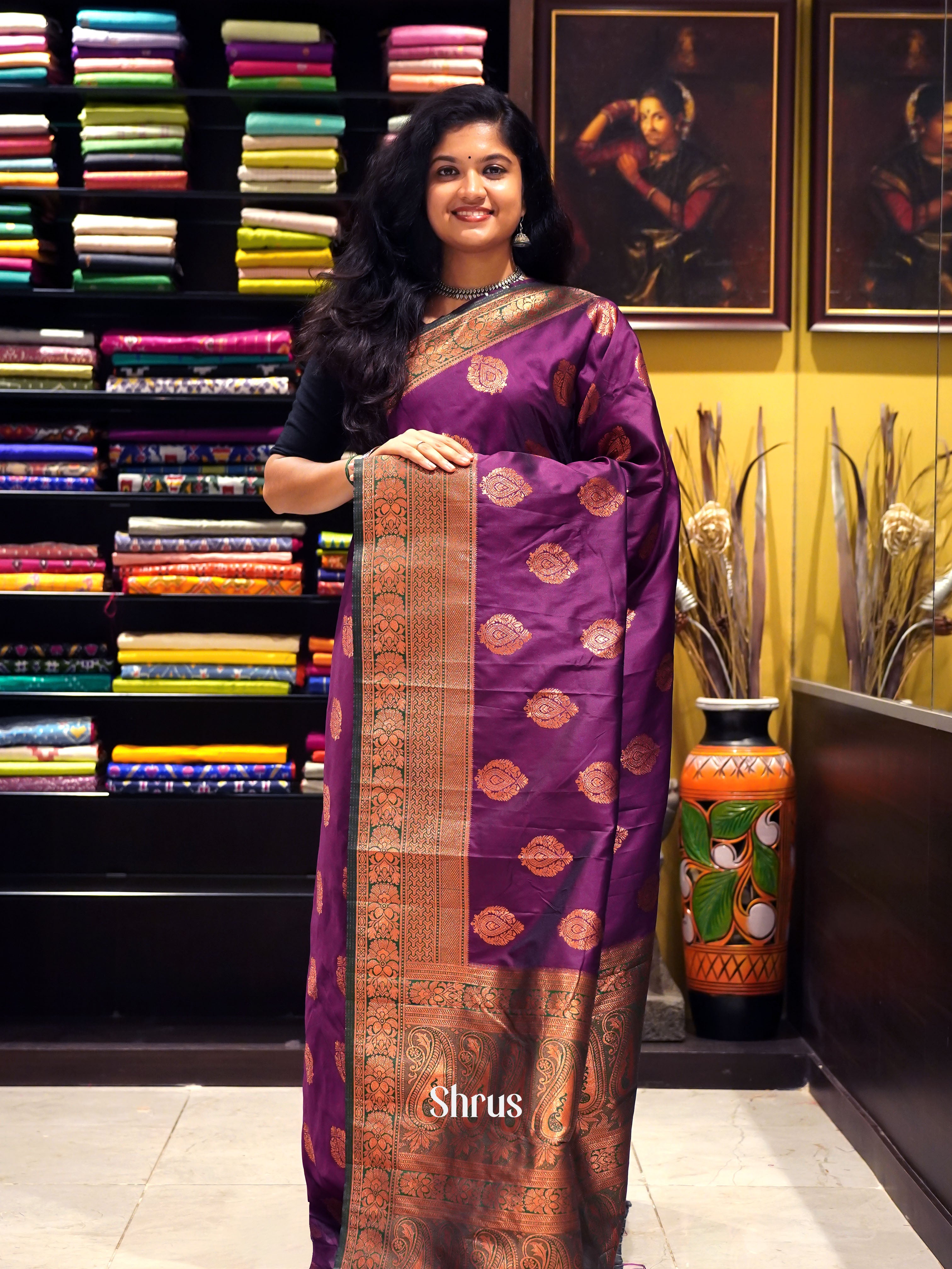 WIne & Green - Semi Softsilk Saree - Shop on ShrusEternity.com