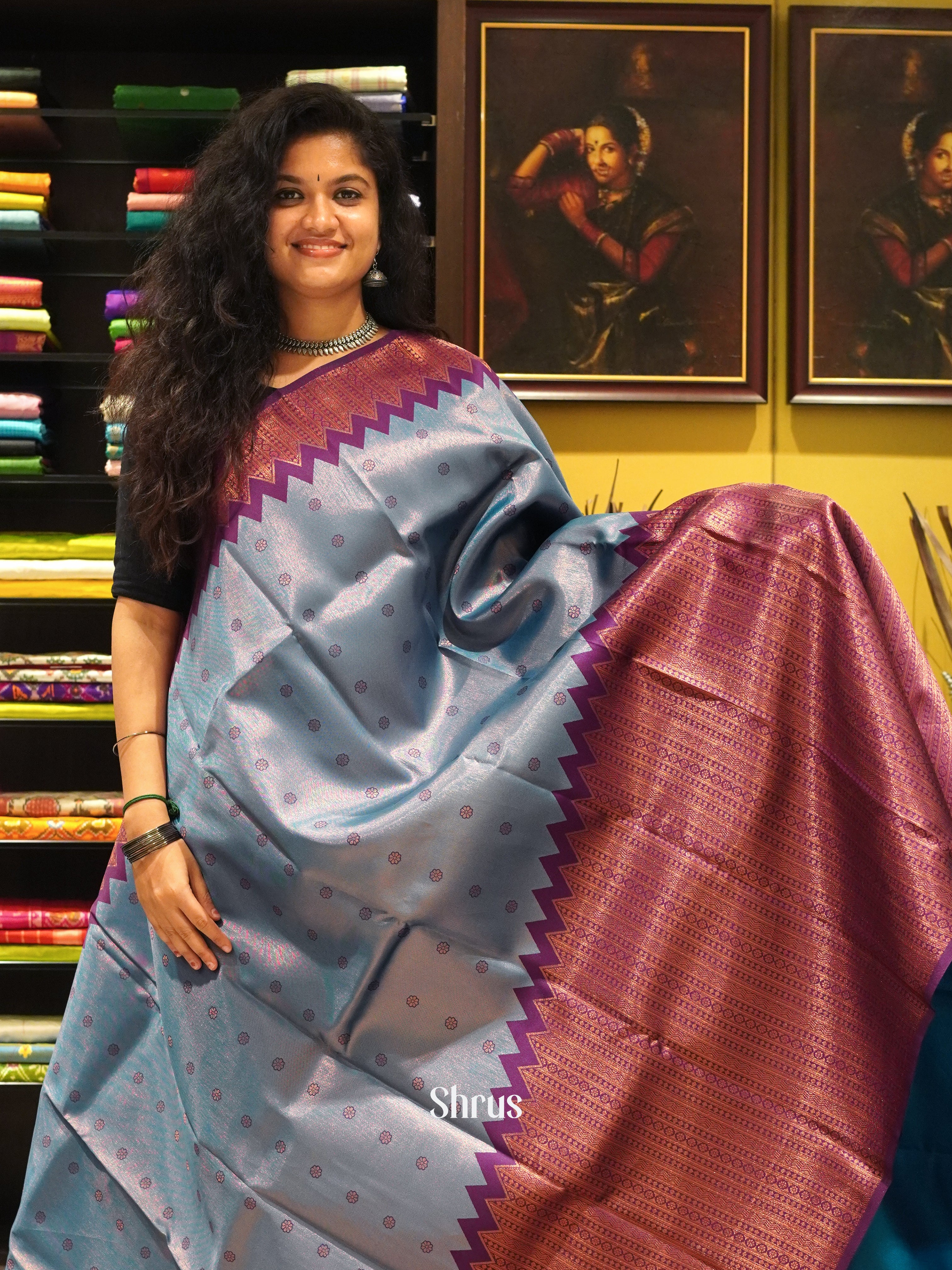 Blue & Purple - Semi Kanchipuram Saree - Shop on ShrusEternity.com