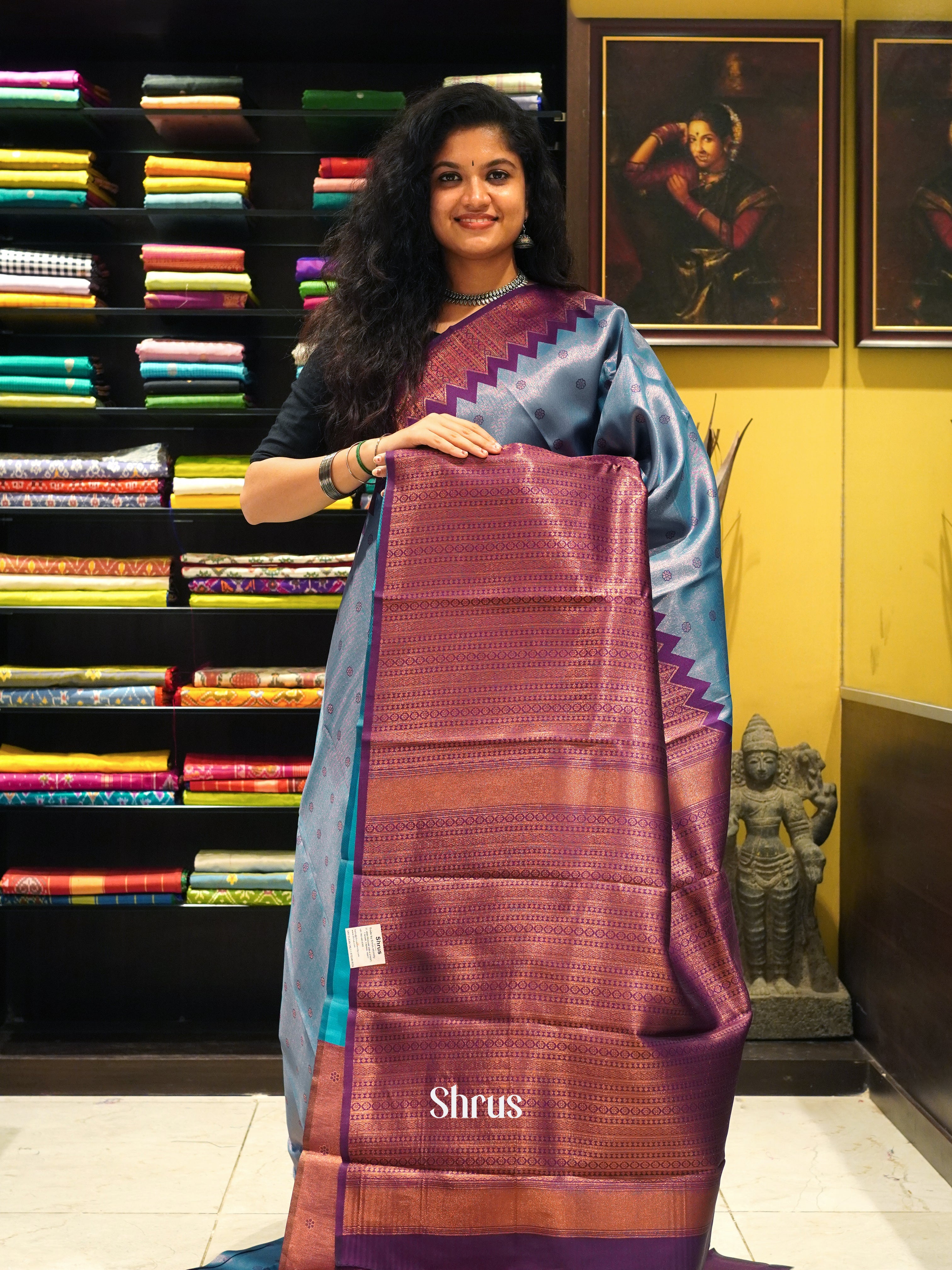 Blue & Purple - Semi Kanchipuram Saree - Shop on ShrusEternity.com