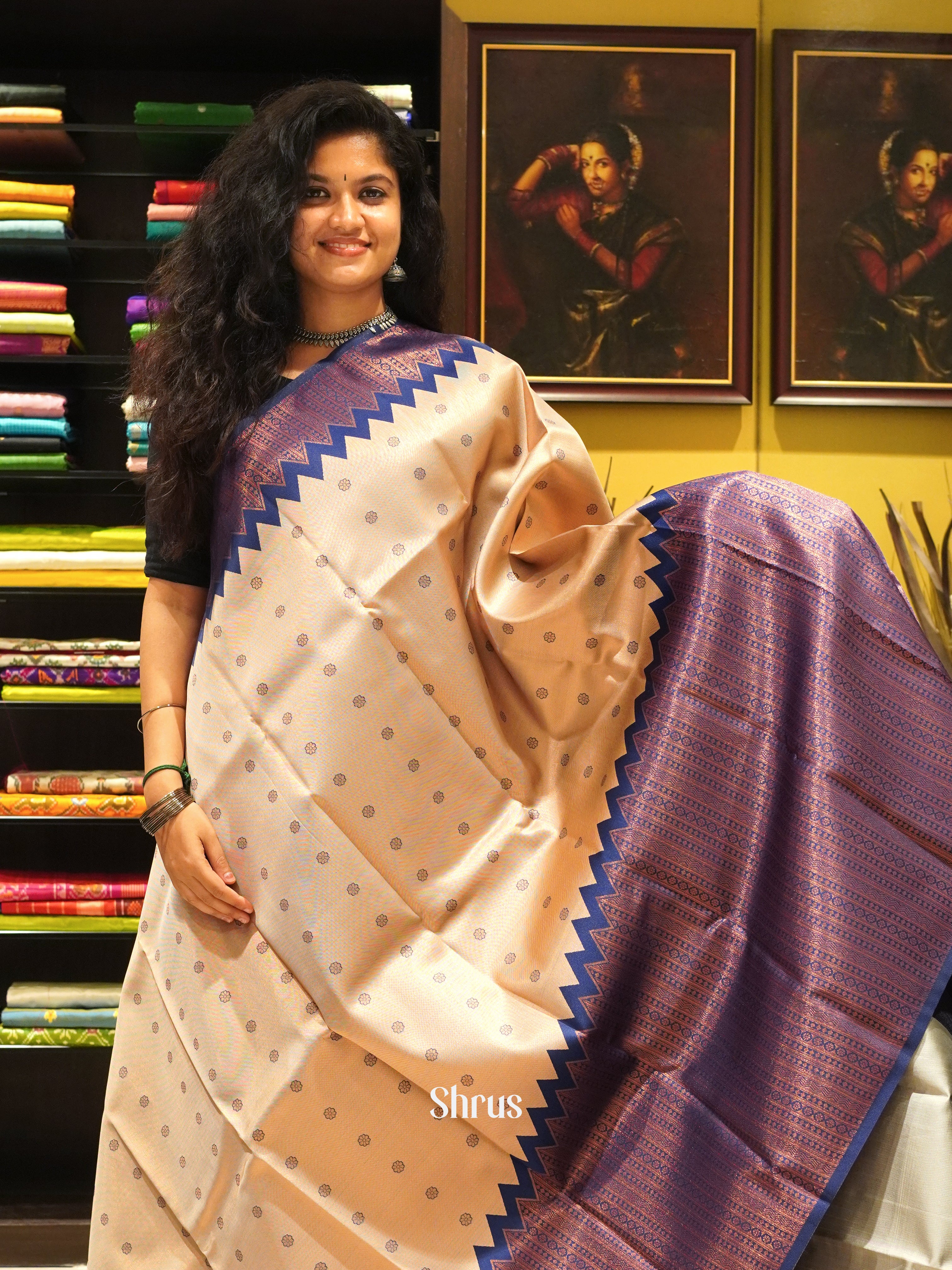 Cream & Blue - Semi Kanchipuram Saree - Shop on ShrusEternity.com