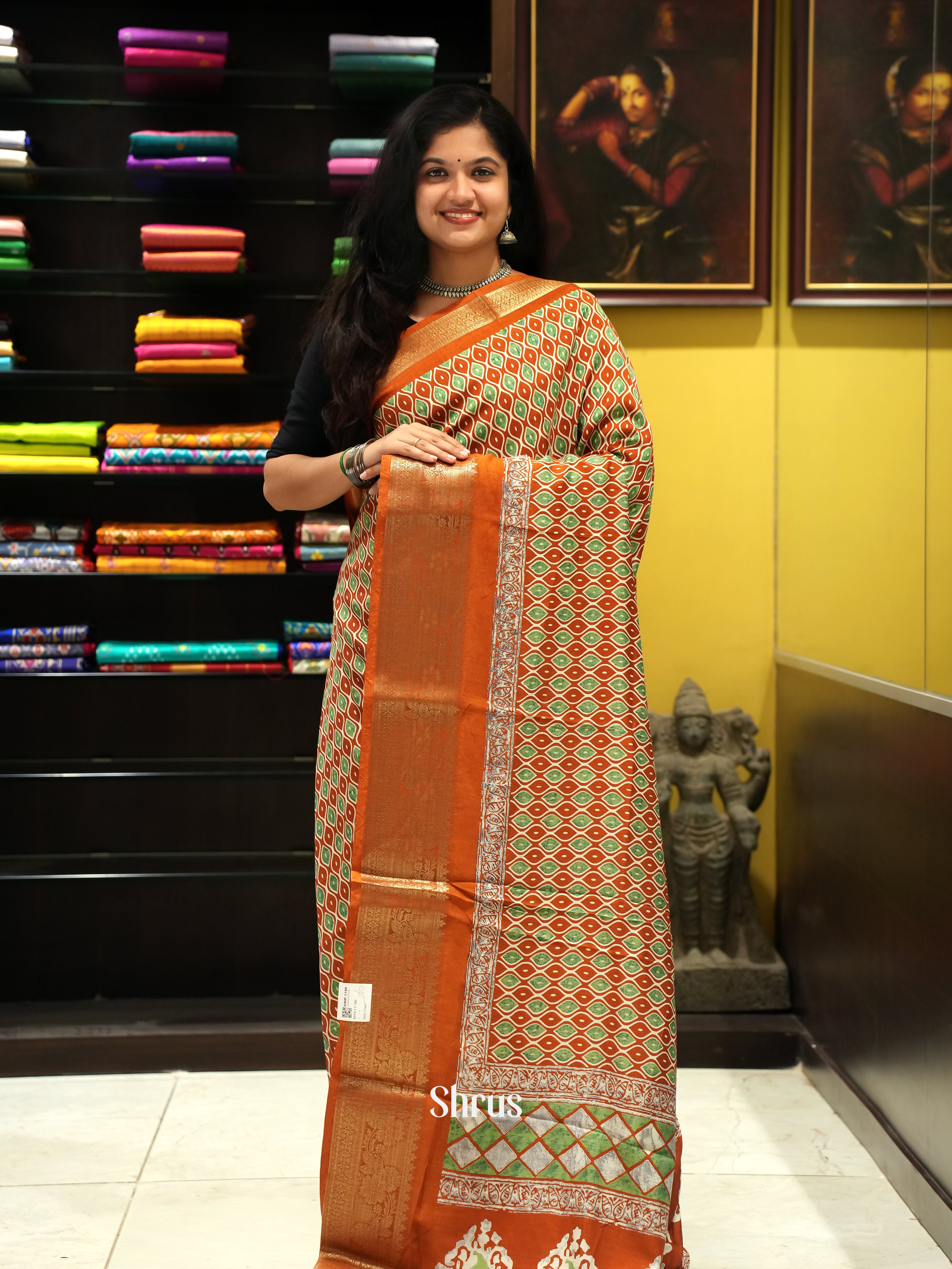 Brick & Green - Semi Crepe Saree - Shop on ShrusEternity.com