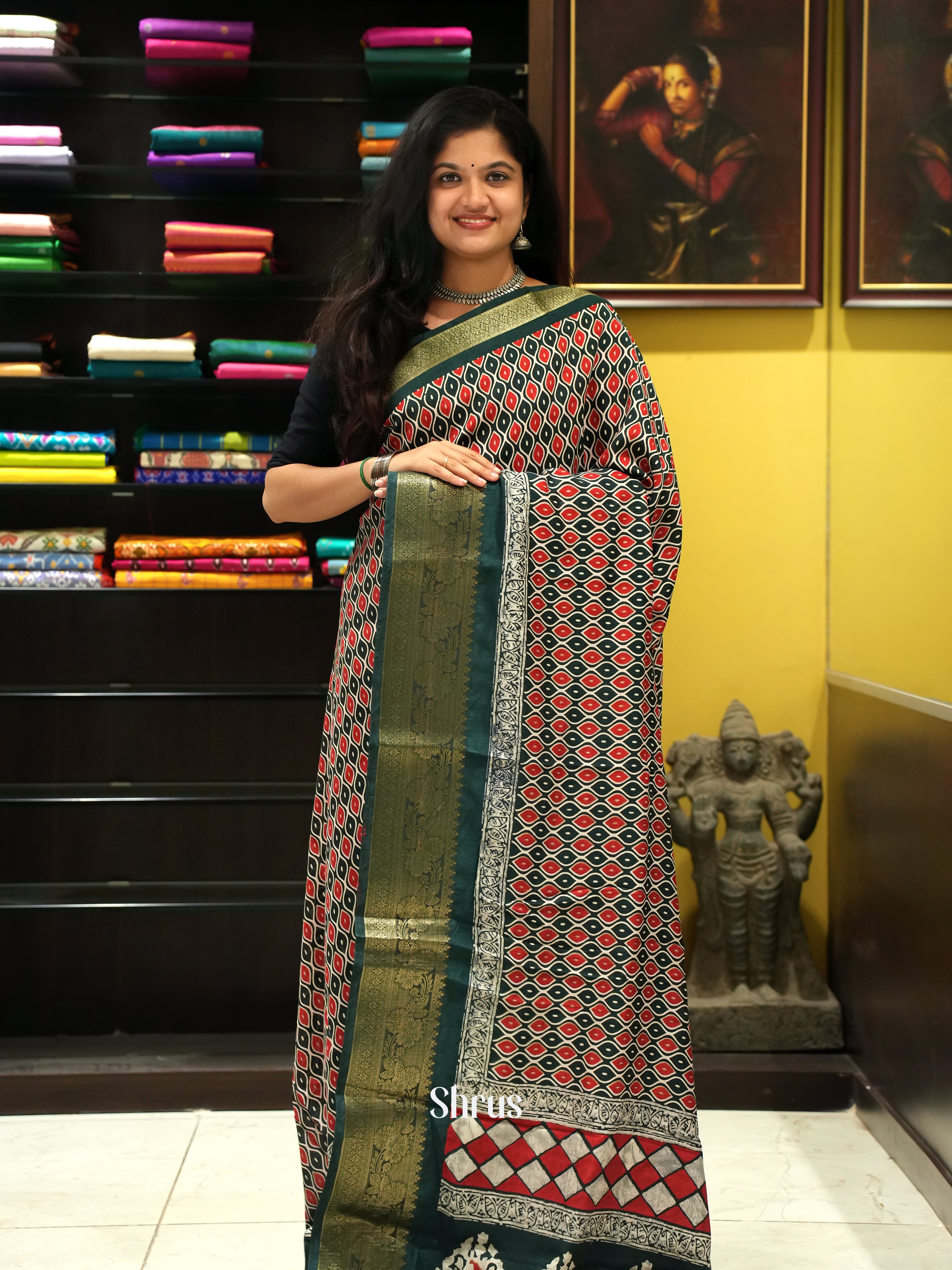 Red & Green- Semi Crepe Saree - Shop on ShrusEternity.com