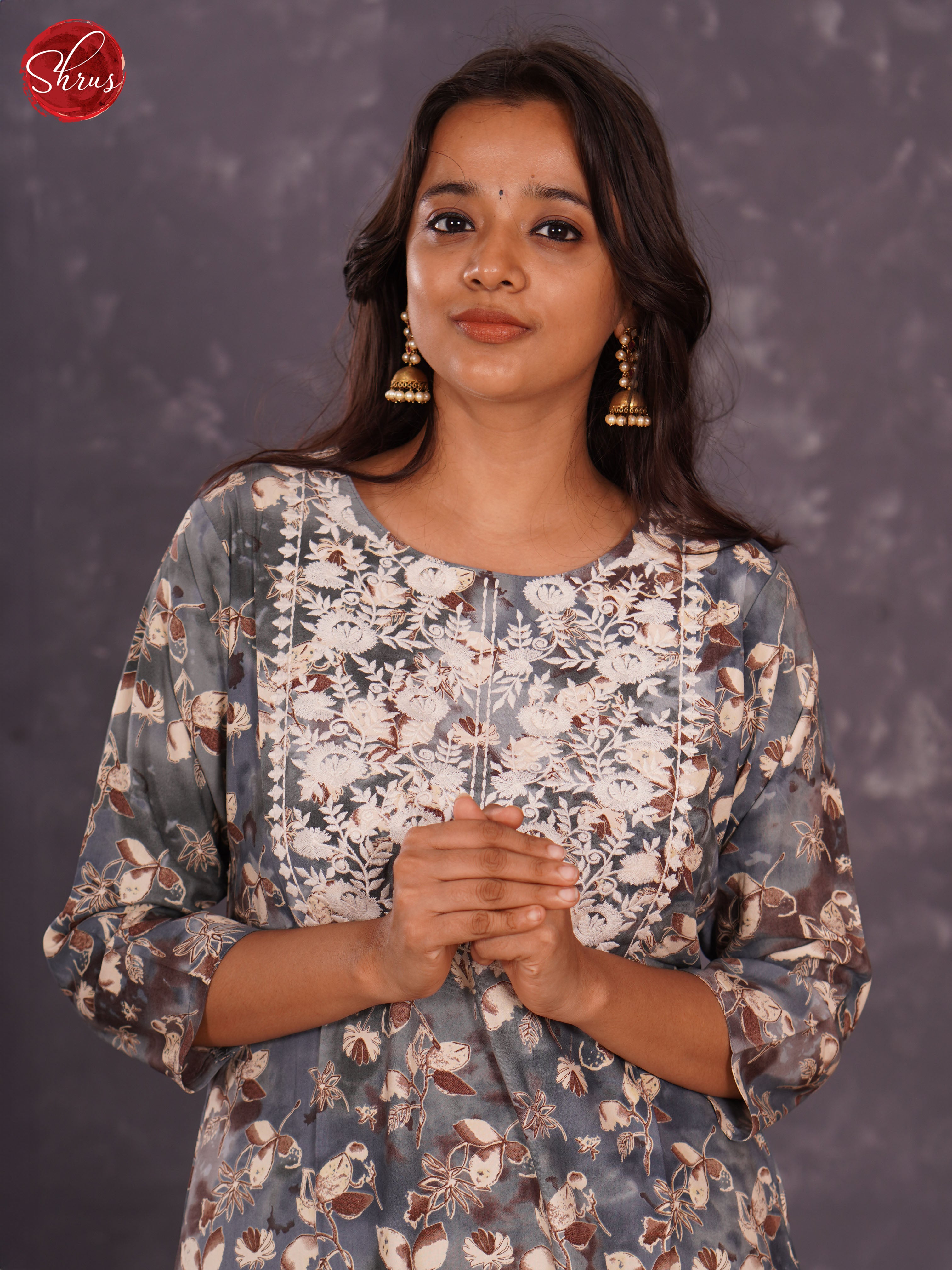 Grey -Printed Rayon Straight Readymade Kurti with embroidery in the neck - Shop on ShrusEternity.com