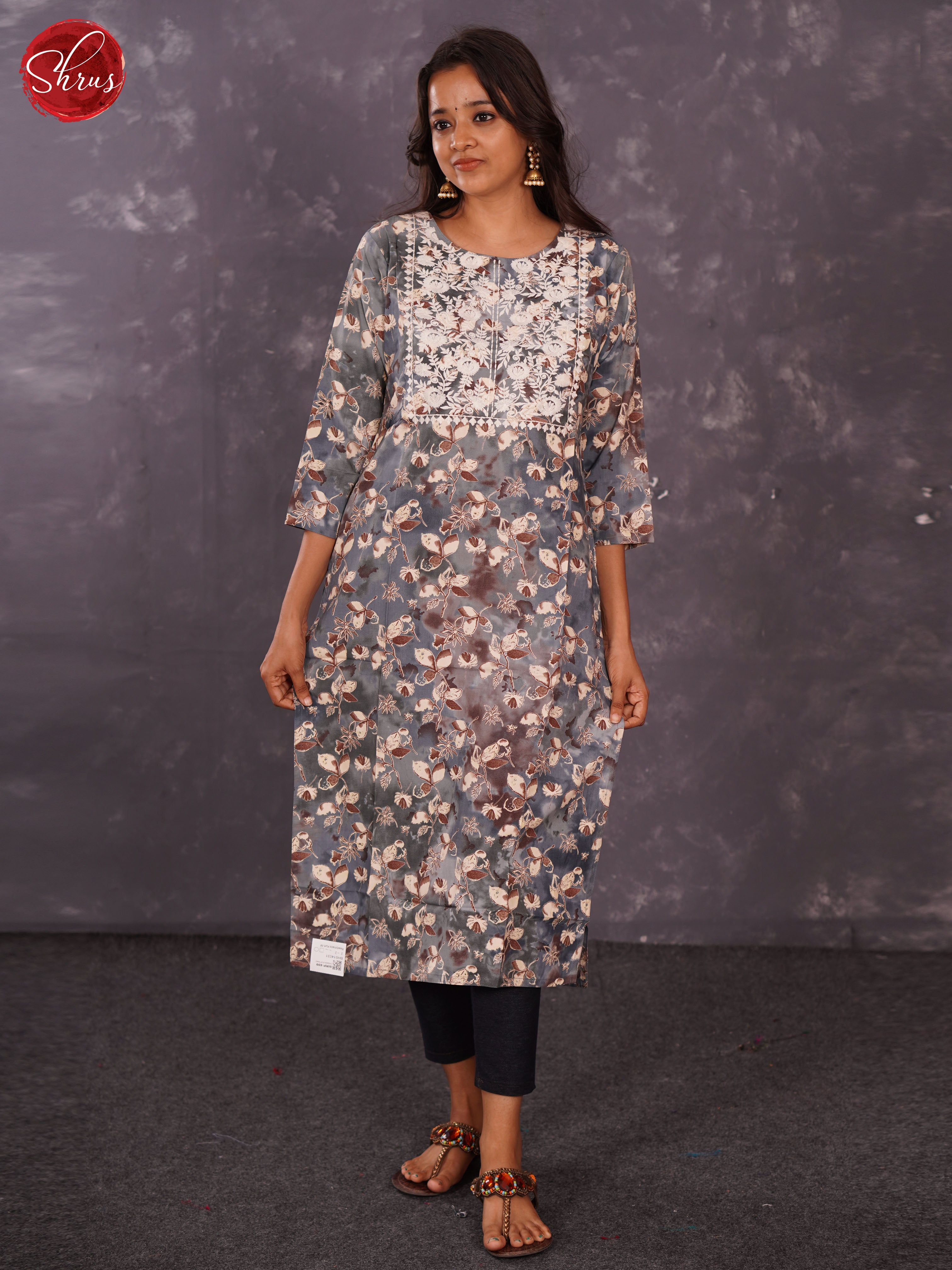 Grey -Printed Rayon Straight Readymade Kurti with embroidery in the neck - Shop on ShrusEternity.com