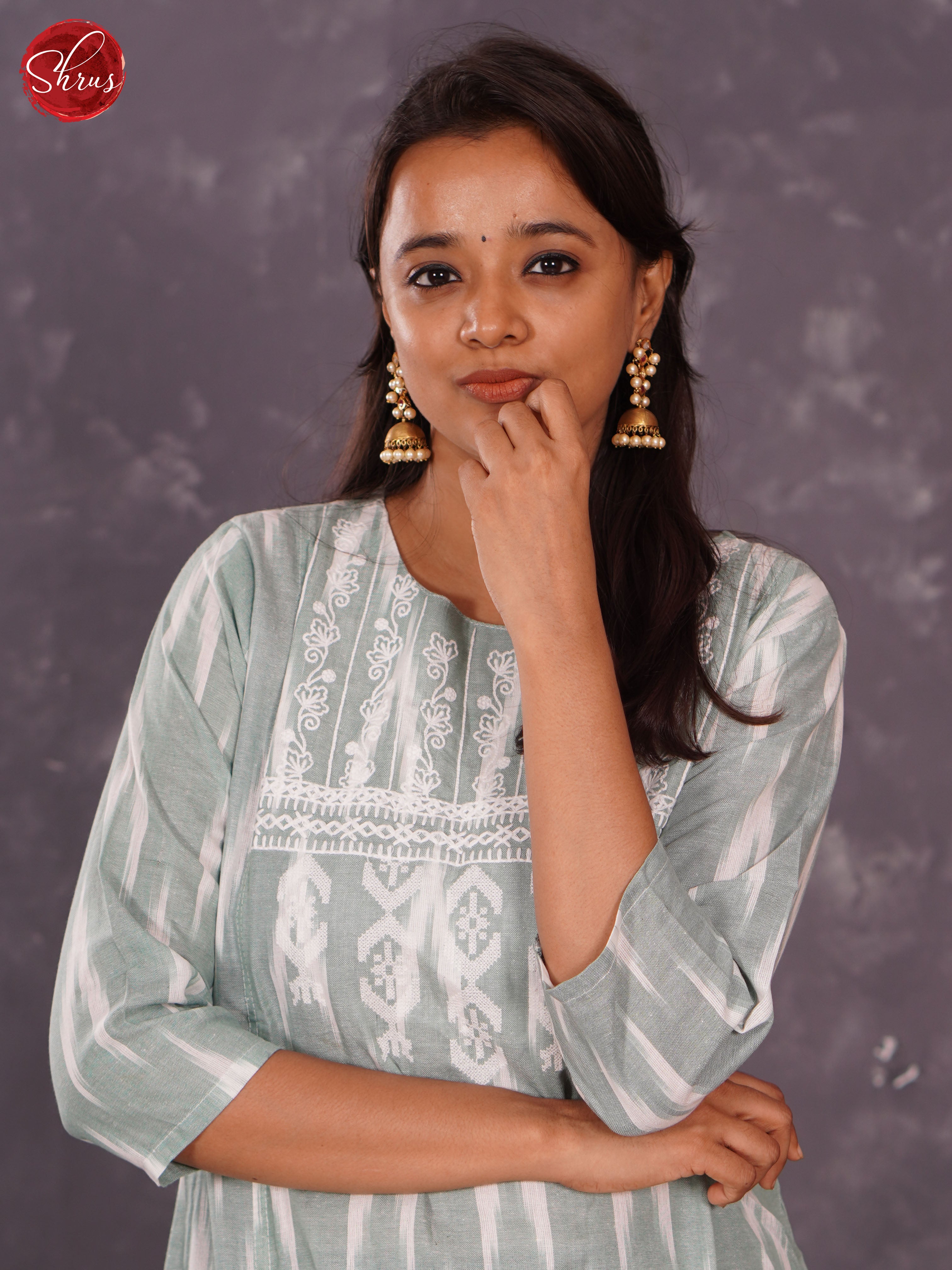 Grey - Ikkat Printed Cotton straight Readymade Kurti with embroidery in the neck - Shop on ShrusEternity.com