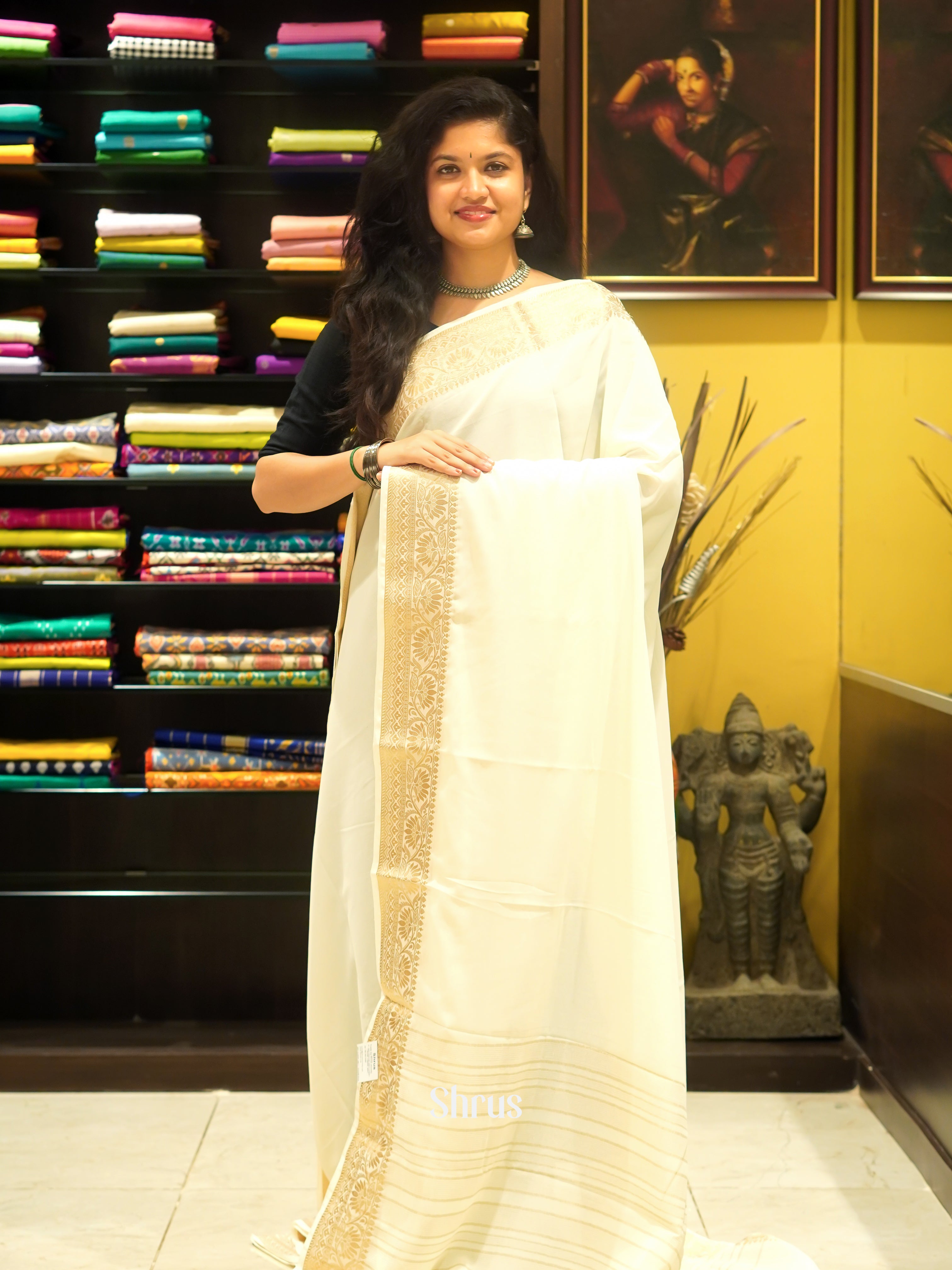 Cream(Single Tone)- Semi Georgette Saree - Shop on ShrusEternity.com