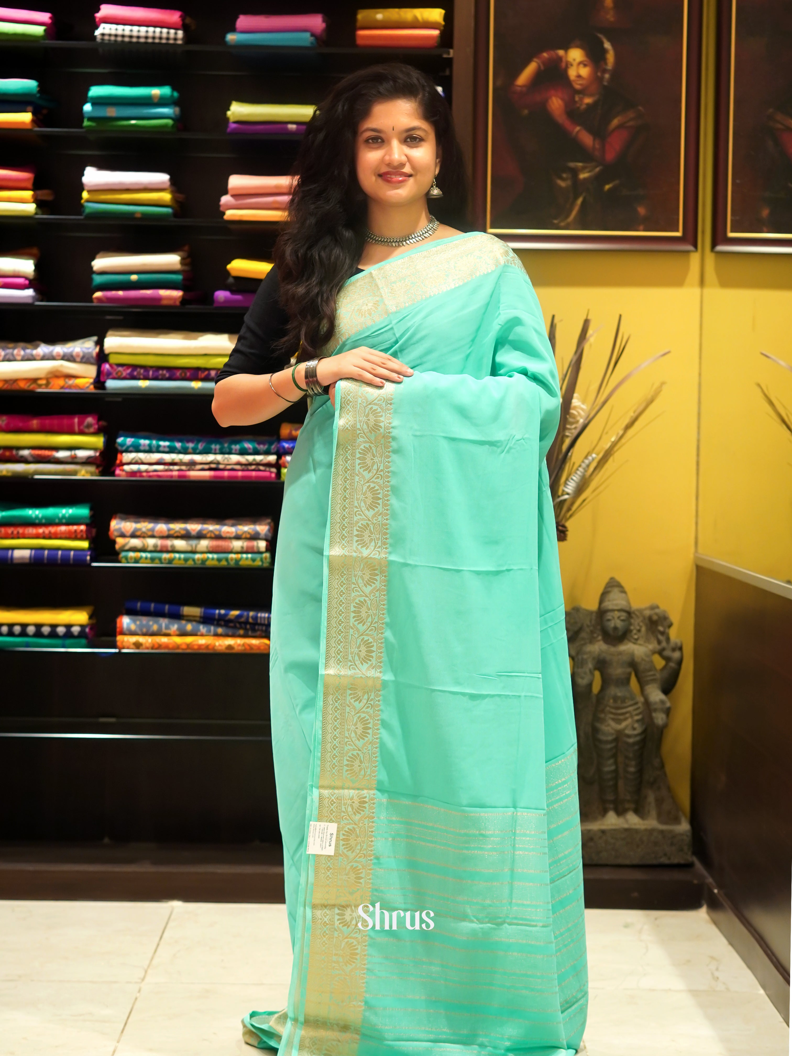 Teal Blue(Single Tone) - Semi Georgette Saree - Shop on ShrusEternity.com
