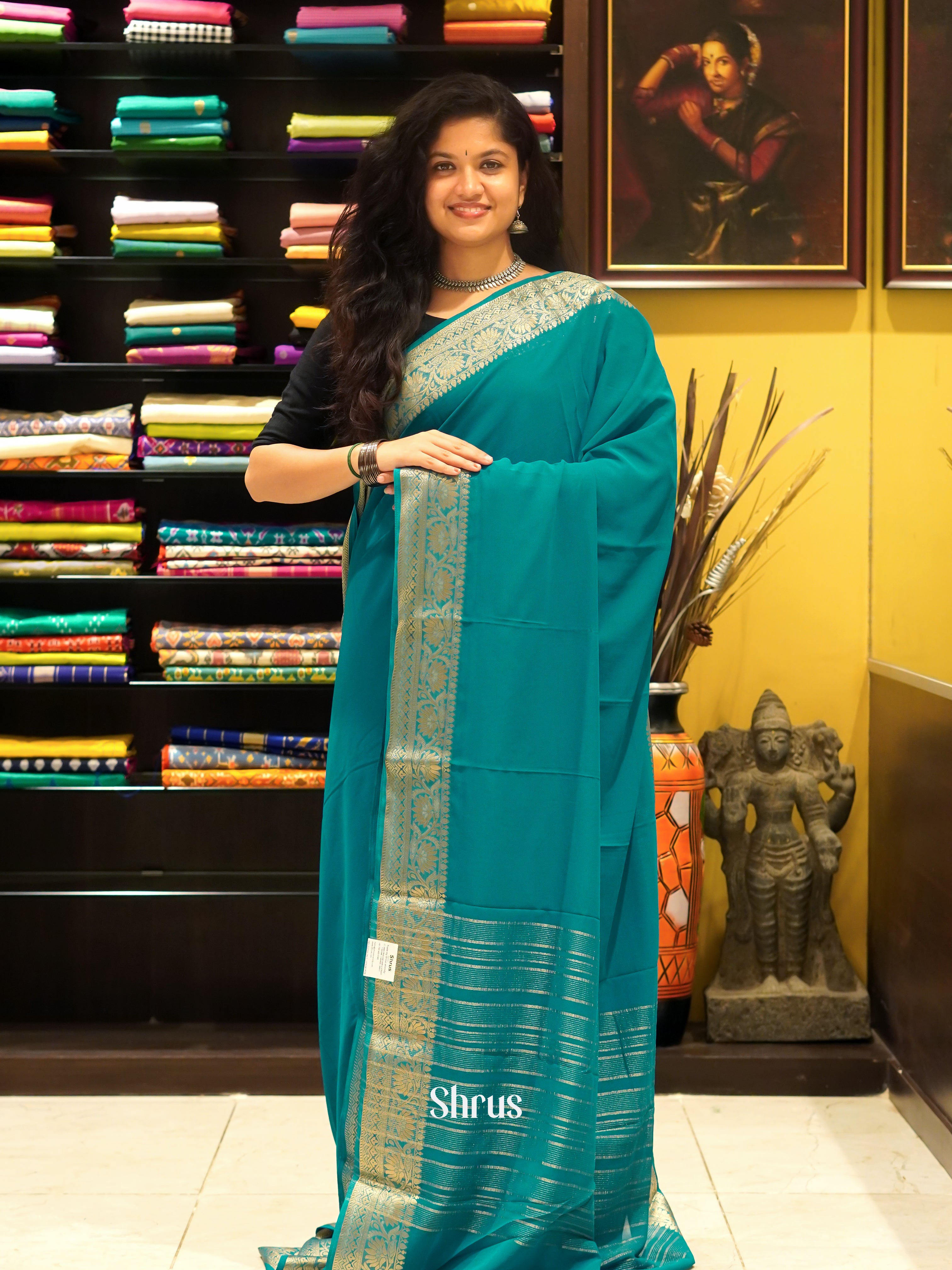 Green(Single Tone) - Semi Georgette Saree - Shop on ShrusEternity.com