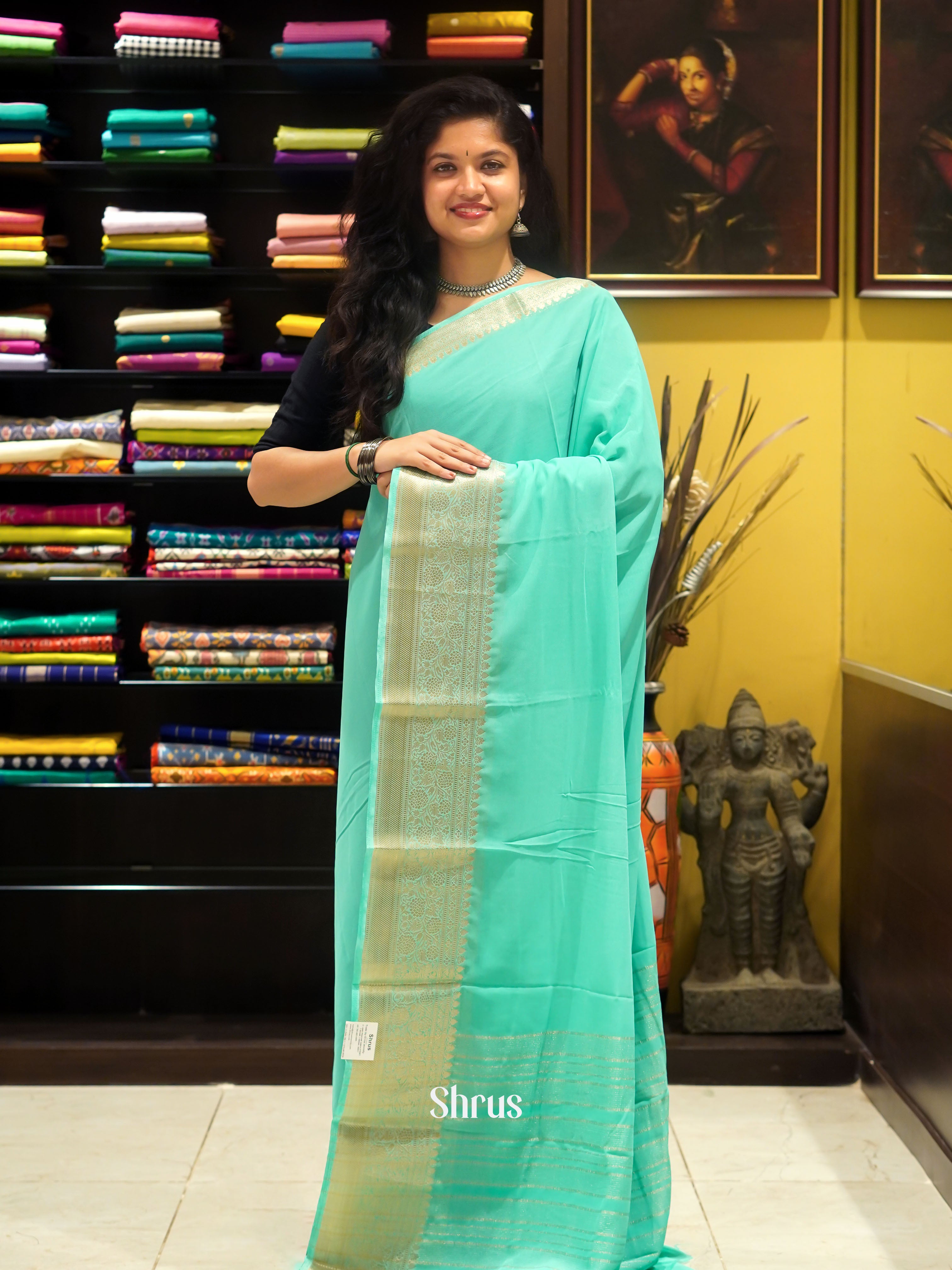 Teal Blue(Single Tone) - Semi Georgette Saree - Shop on ShrusEternity.com