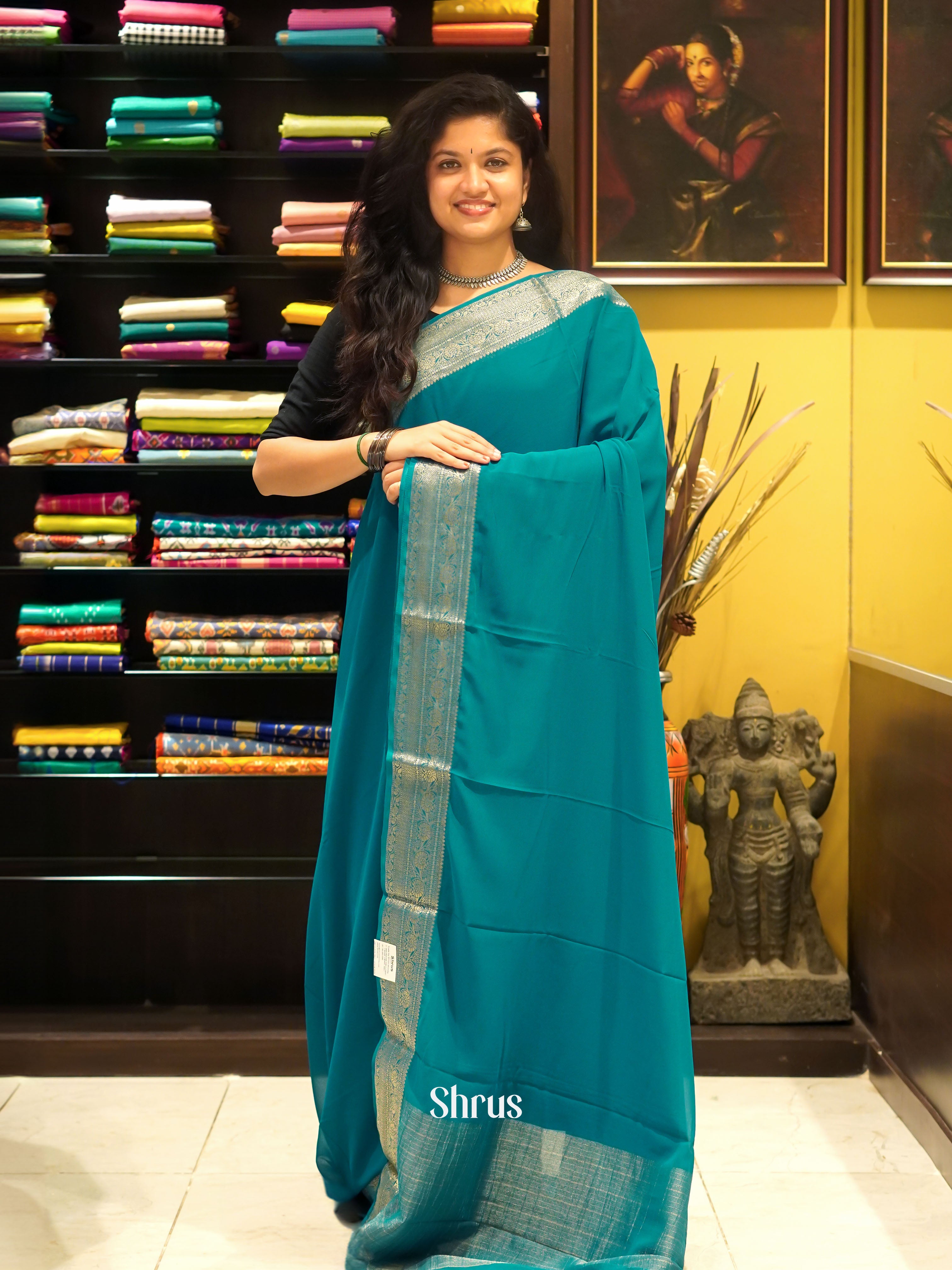 Peacock Neck(Single Tone)- Semi Georgette Saree - Shop on ShrusEternity.com