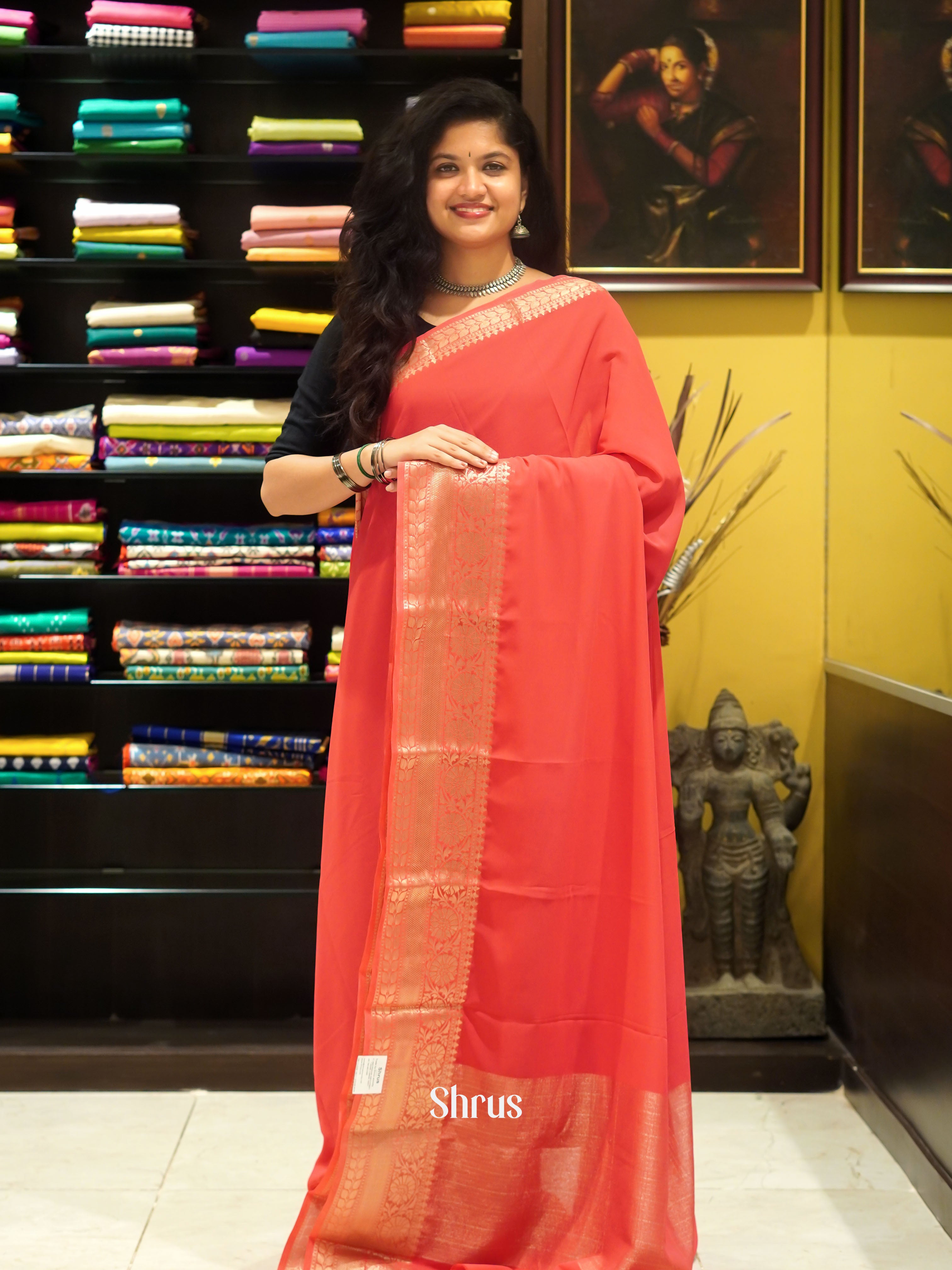 Pink(Single Tone) - Semi Georgette Saree - Shop on ShrusEternity.com