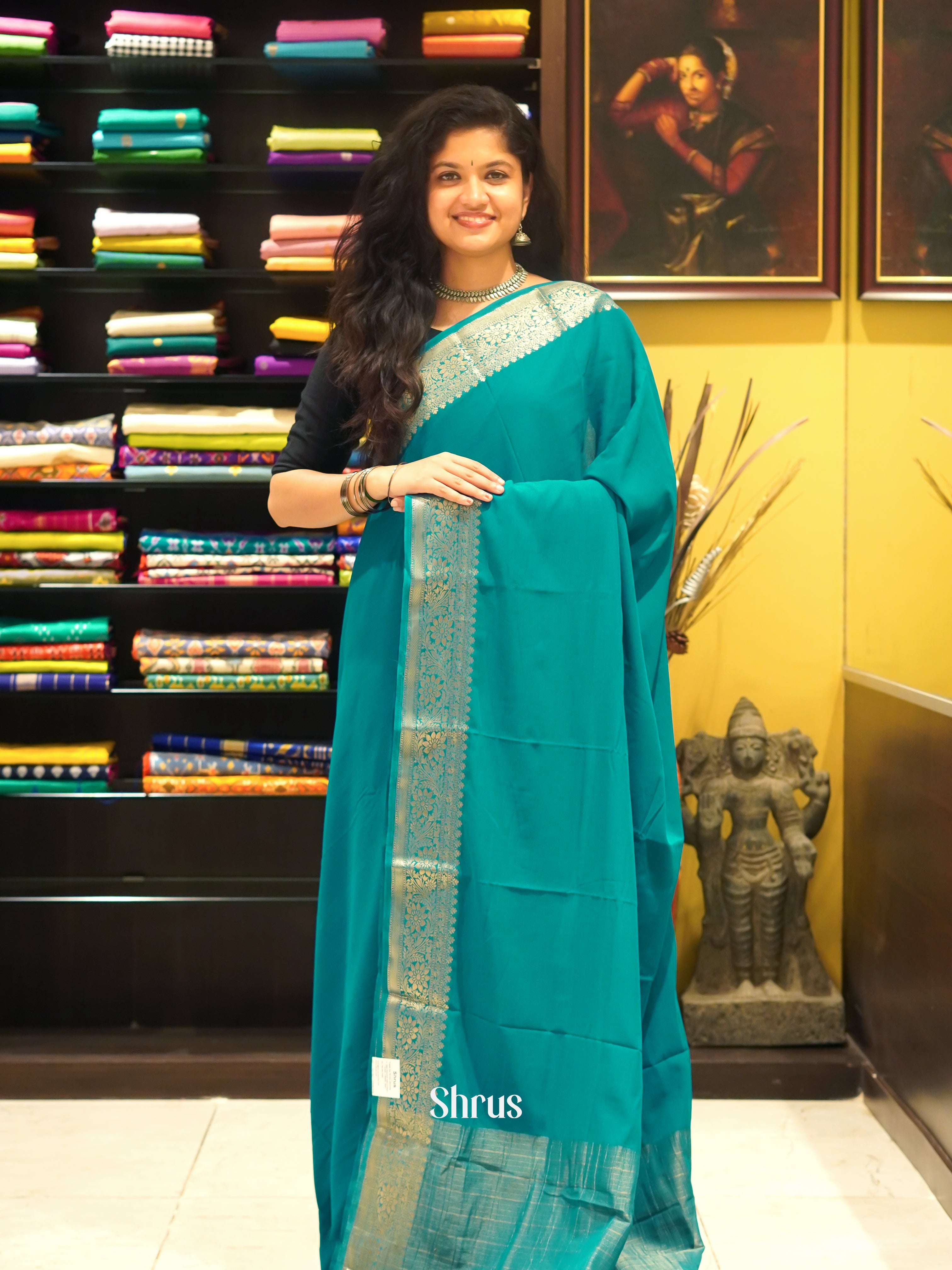 Green(Single Tone) - Semi Georgette Saree - Shop on ShrusEternity.com
