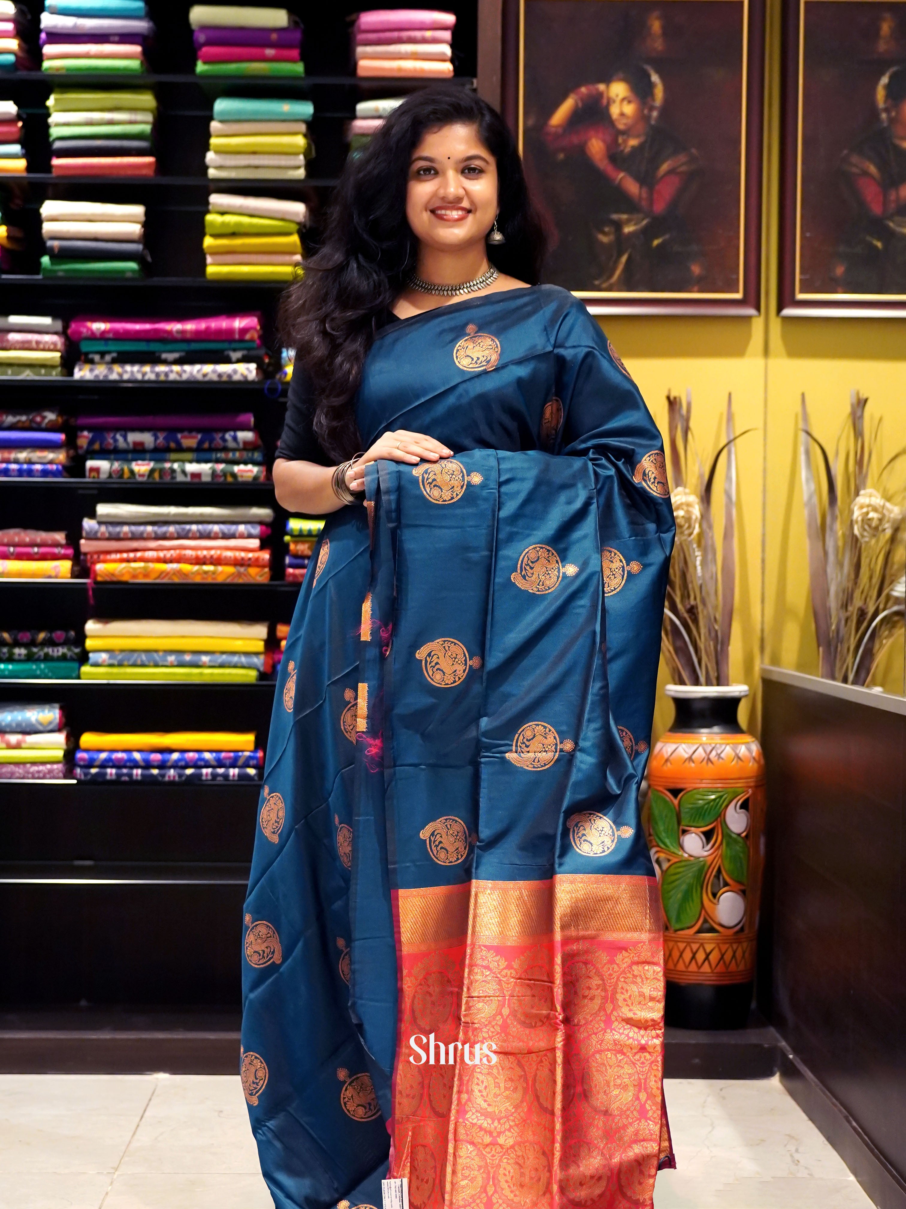 Peacock Neck & Maroon- Semi Soft Silk Saree - Shop on ShrusEternity.com