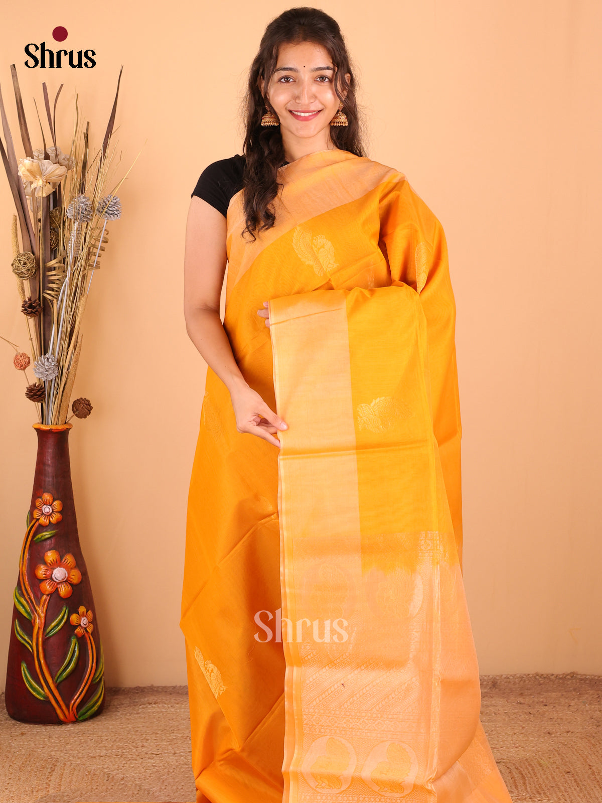 Elegant Mustard Silk Cotton Saree With Subtle Peacock Motifs Spread Across The body And Yellow Border With Peacock Motifs - Shop on ShrusEternity.com