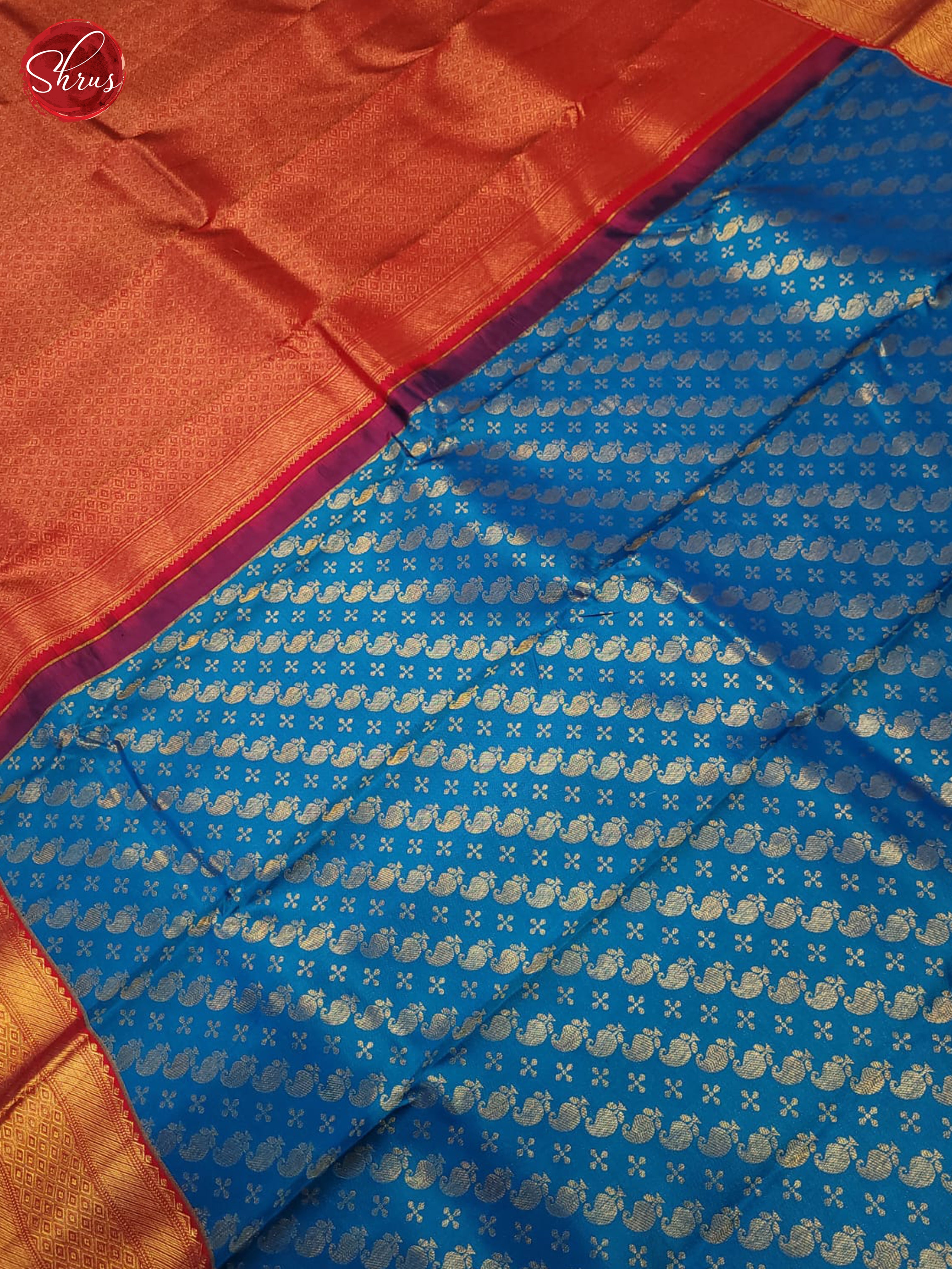Stunning Blue Red Korvai Kanchipuram silk Saree With Zari Woven Manga Buttas-3
