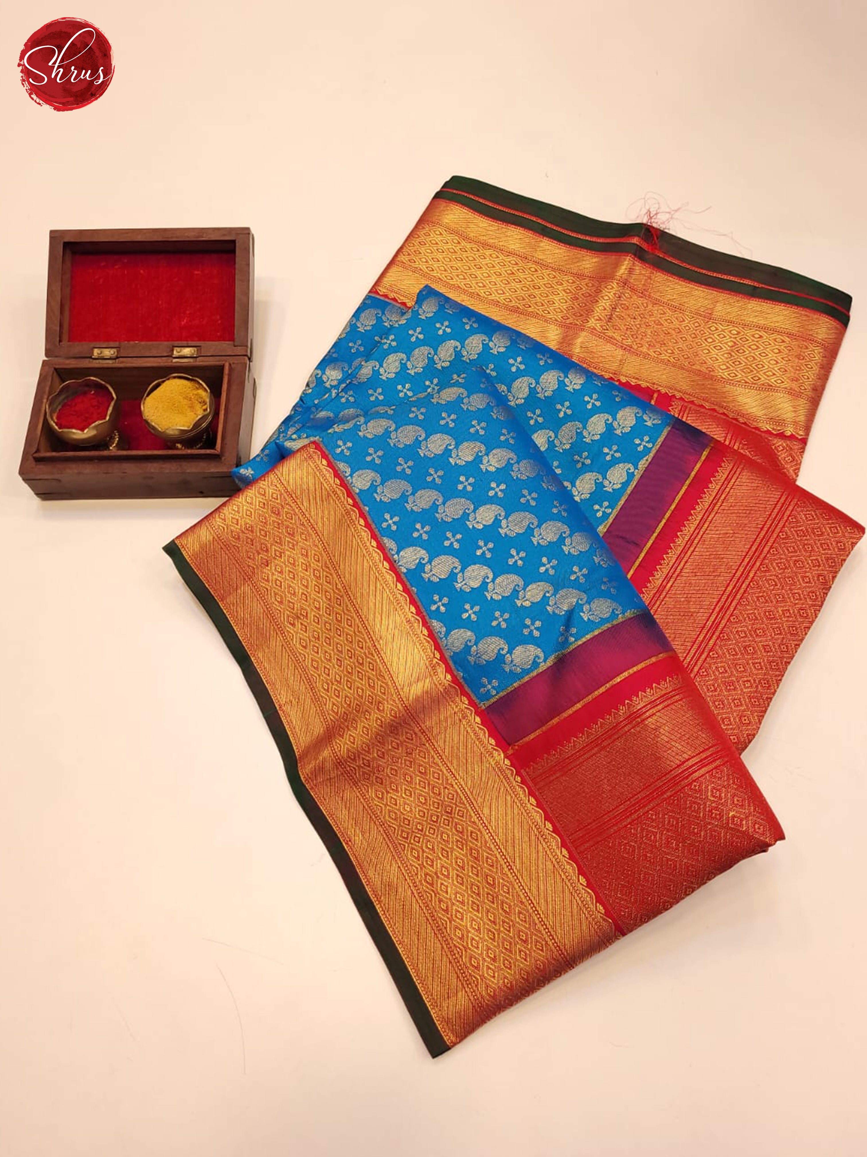 Stunning Blue Red Korvai Kanchipuram silk Saree With Zari Woven Manga Buttas-1