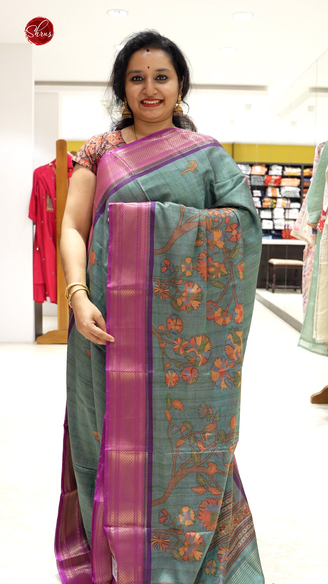 Green & Pink - Semi Crepe Saree - Shop on ShrusEternity.com