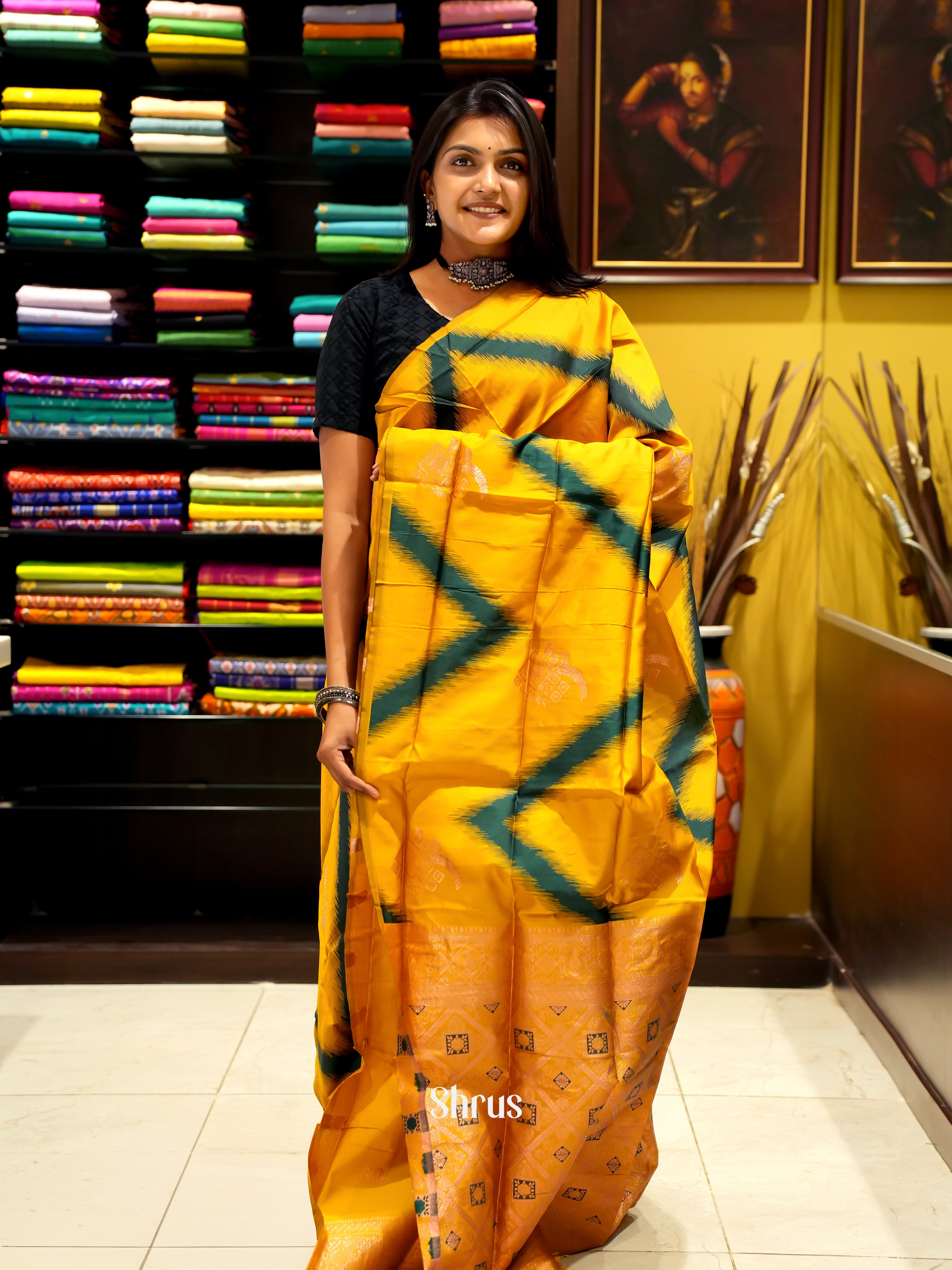 Mustard & Black - Semi Softsilk Saree - Shop on ShrusEternity.com