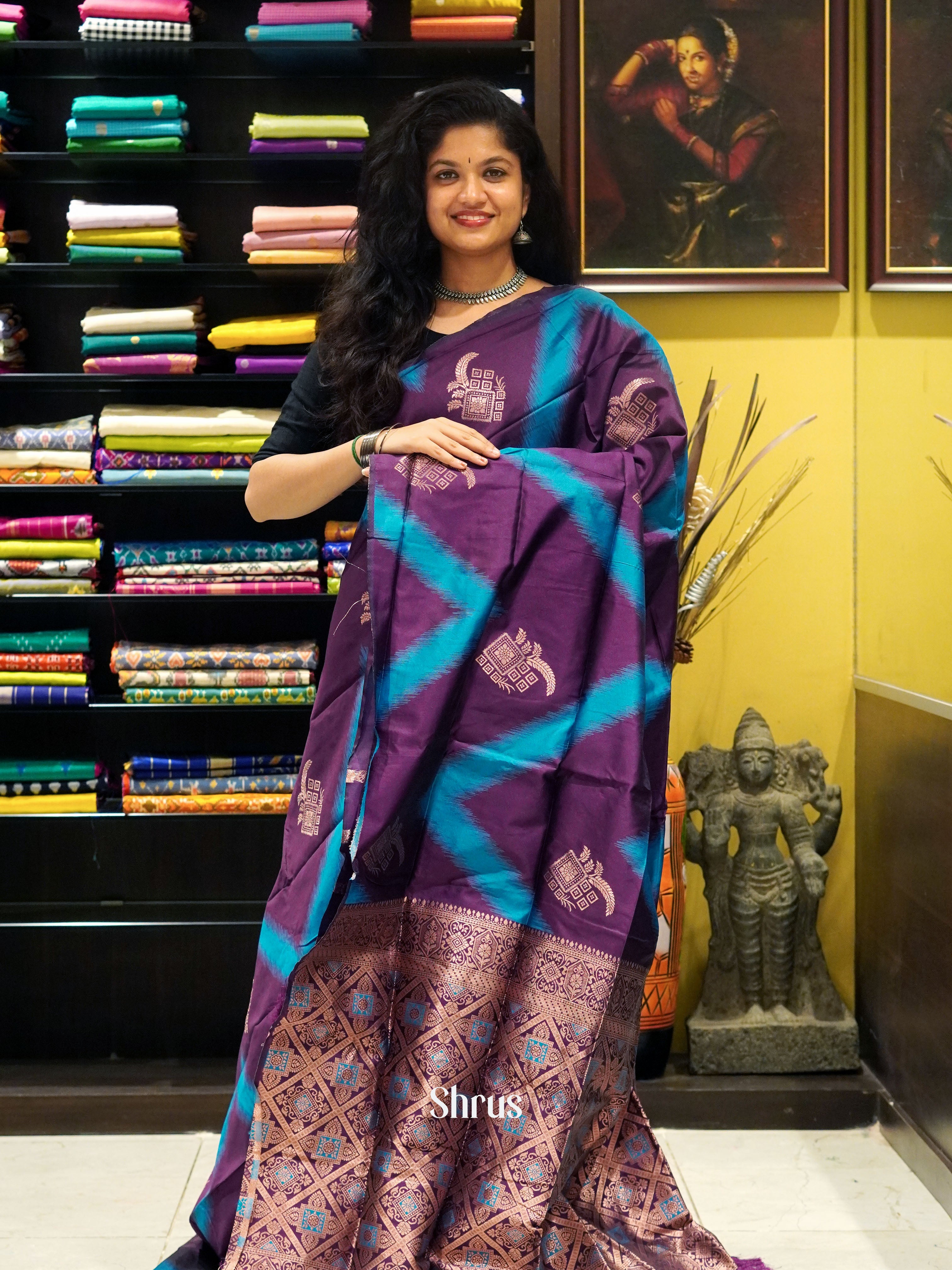 Wine & Blue- Semi Softsilk Saree - Shop on ShrusEternity.com