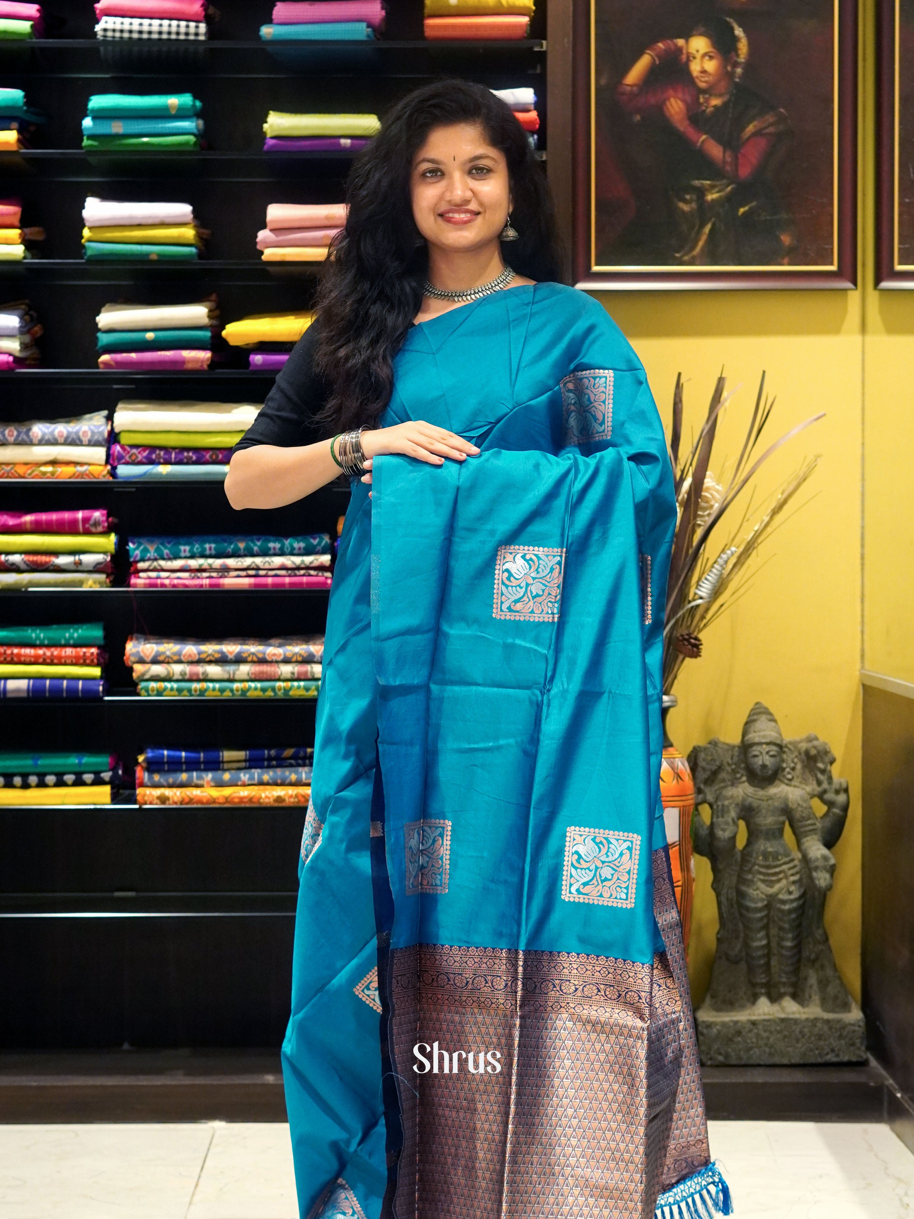 blue & Navy Blue - Semi Soft Silk Saree - Shop on ShrusEternity.com