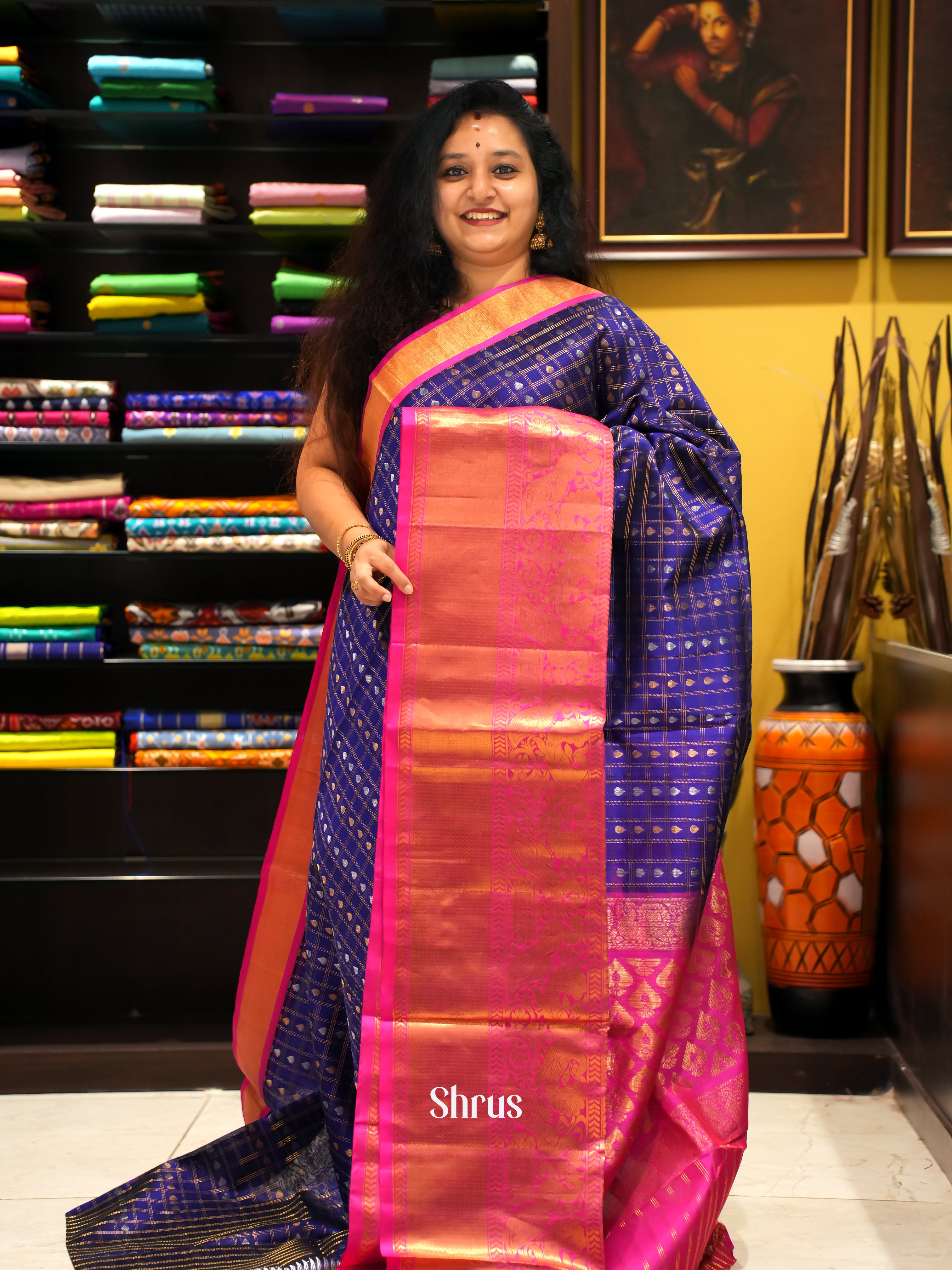 Blue & Pink - Silk Cotton Saree - Shop on ShrusEternity.com