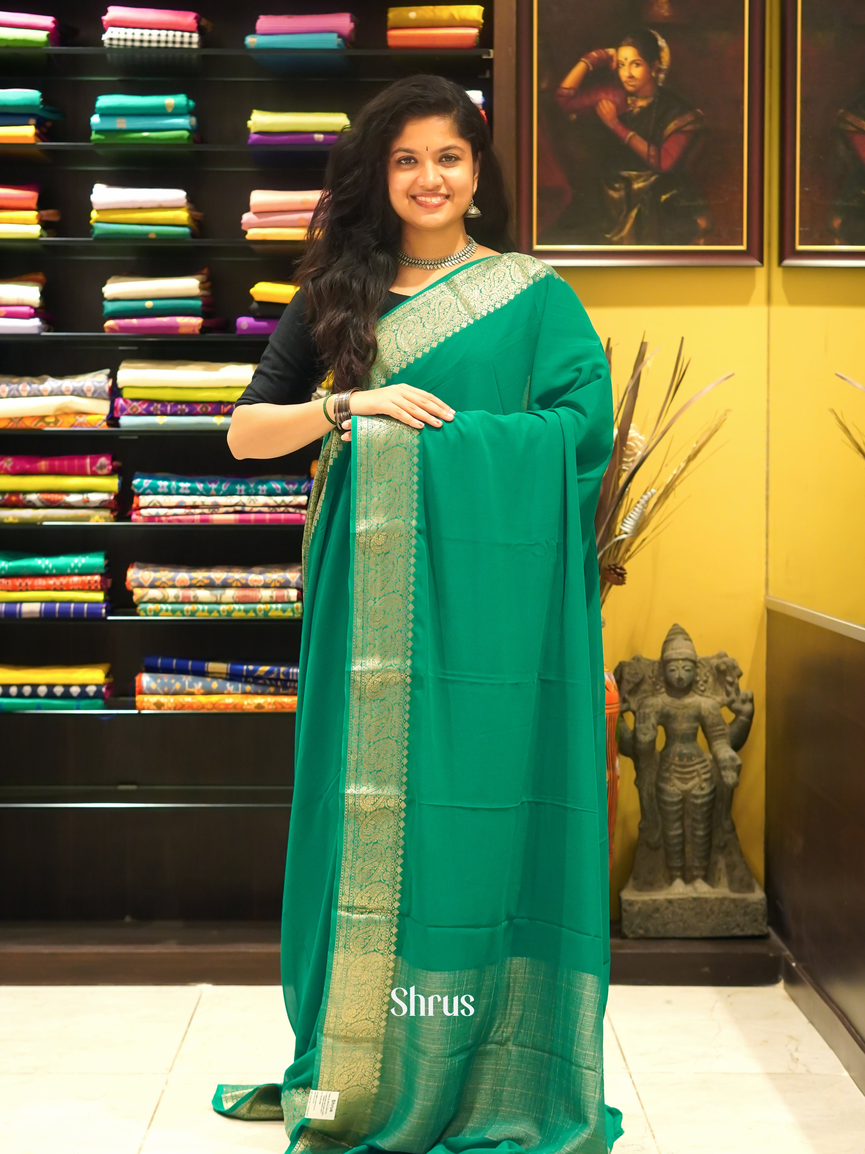 Green(Single Tone) - Semi Georgette Saree - Shop on ShrusEternity.com