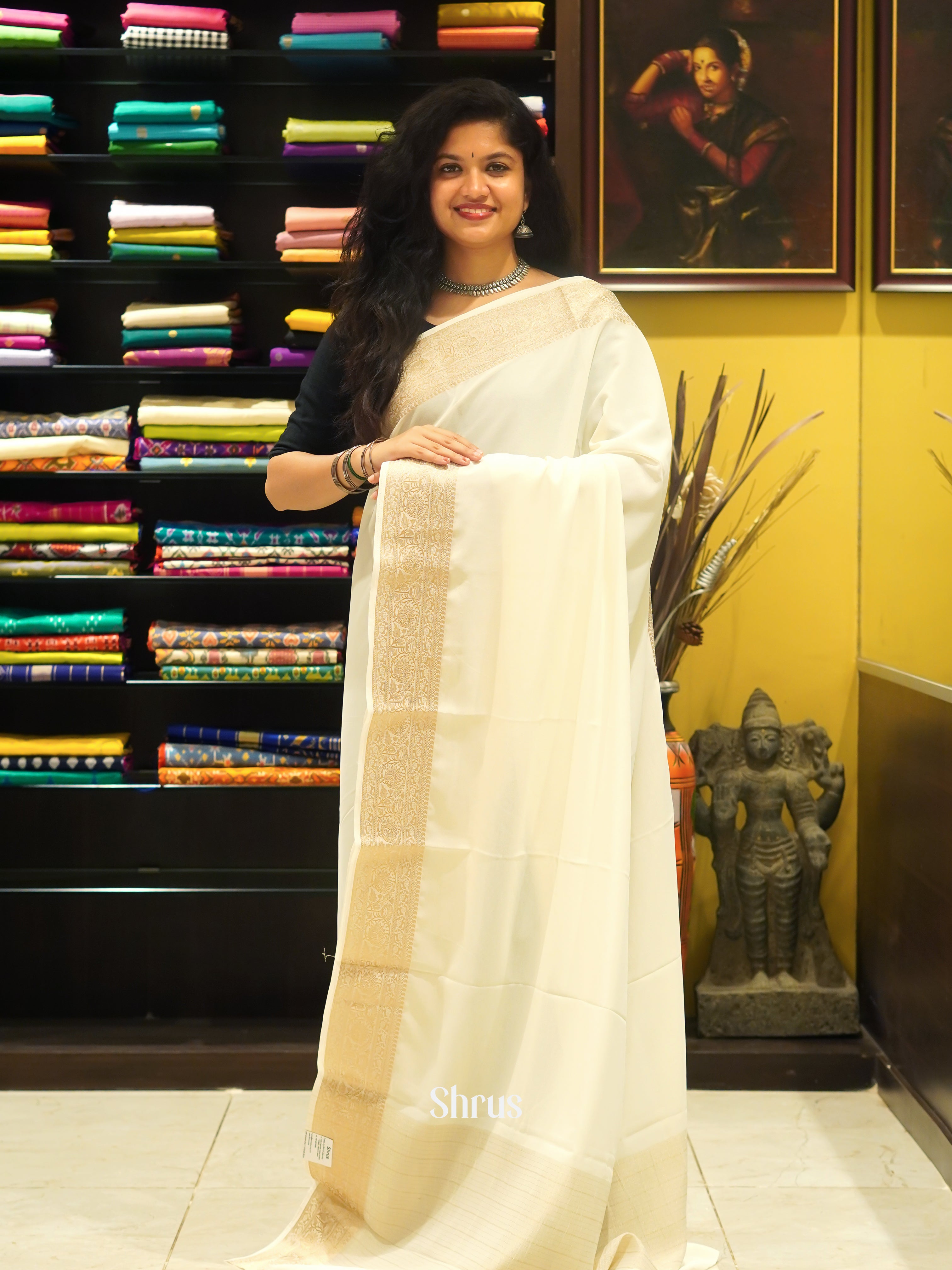 Cream(Single Tone) - Semi Georgette Saree - Shop on ShrusEternity.com