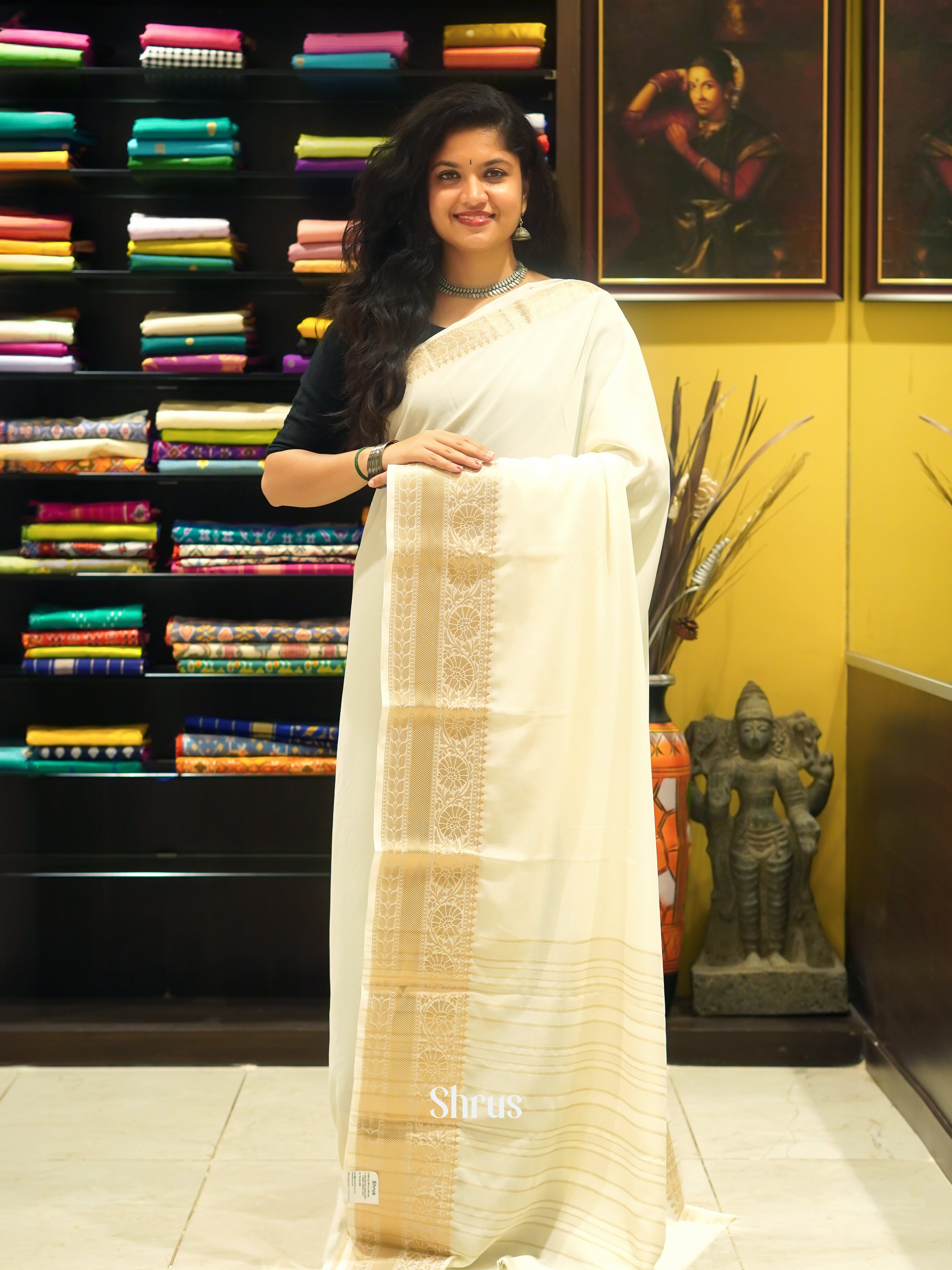 Cream(Single Tone) - Semi Georgette Saree - Shop on ShrusEternity.com