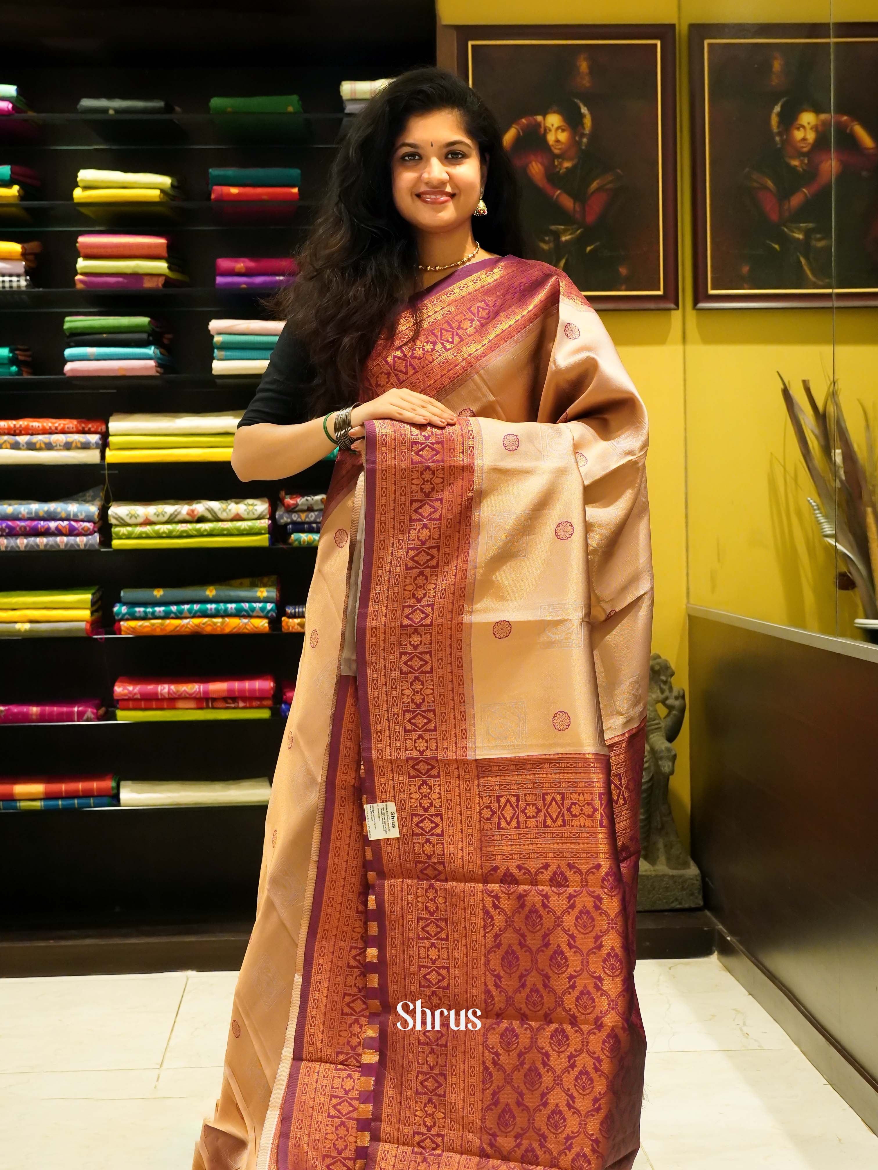 Light Brown & Maroon- Semi Kanchipuram Saree - Shop on ShrusEternity.com