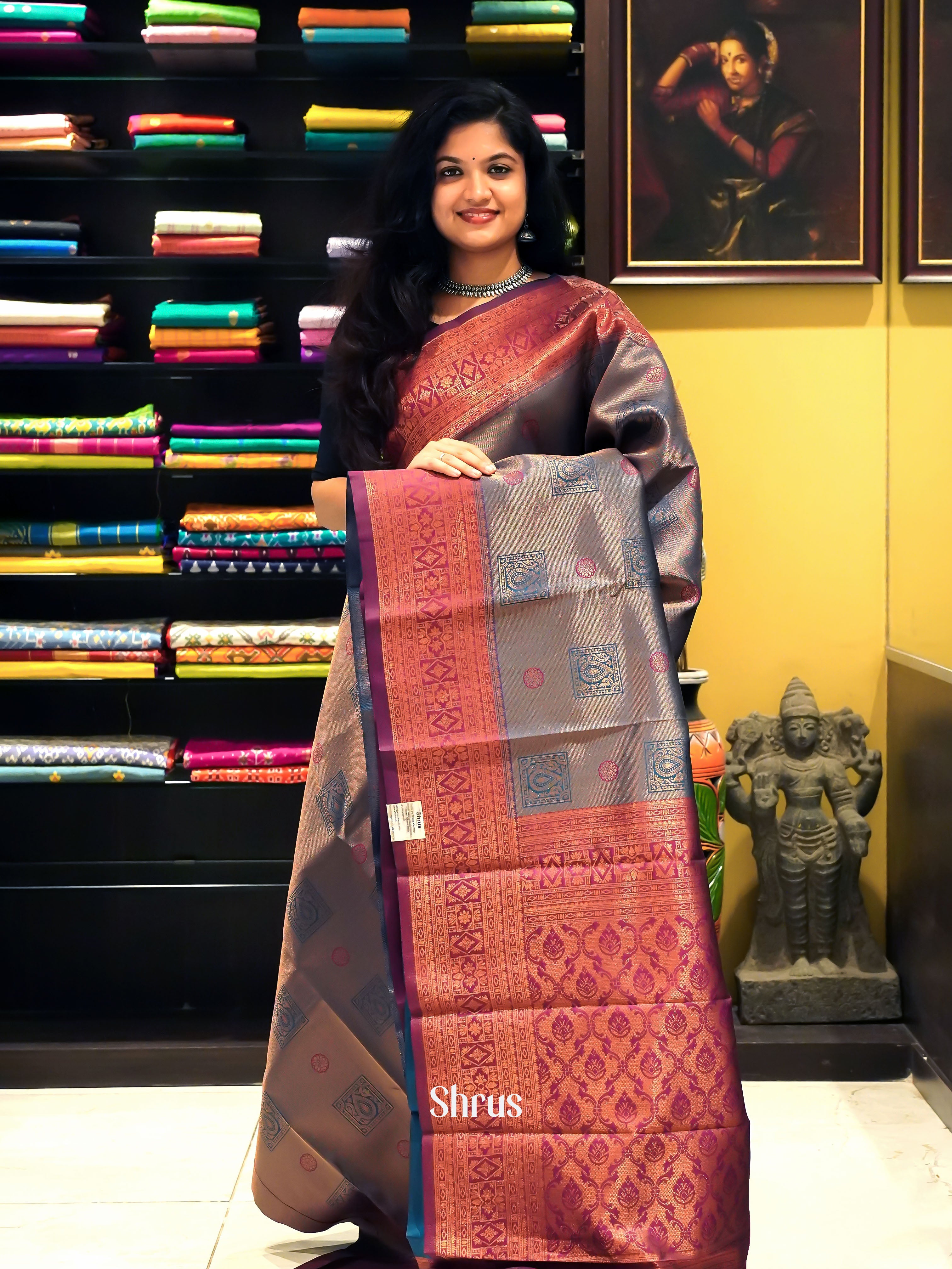 Brown & Majenta pInk - Semi Kanchipuram Saree - Shop on ShrusEternity.com