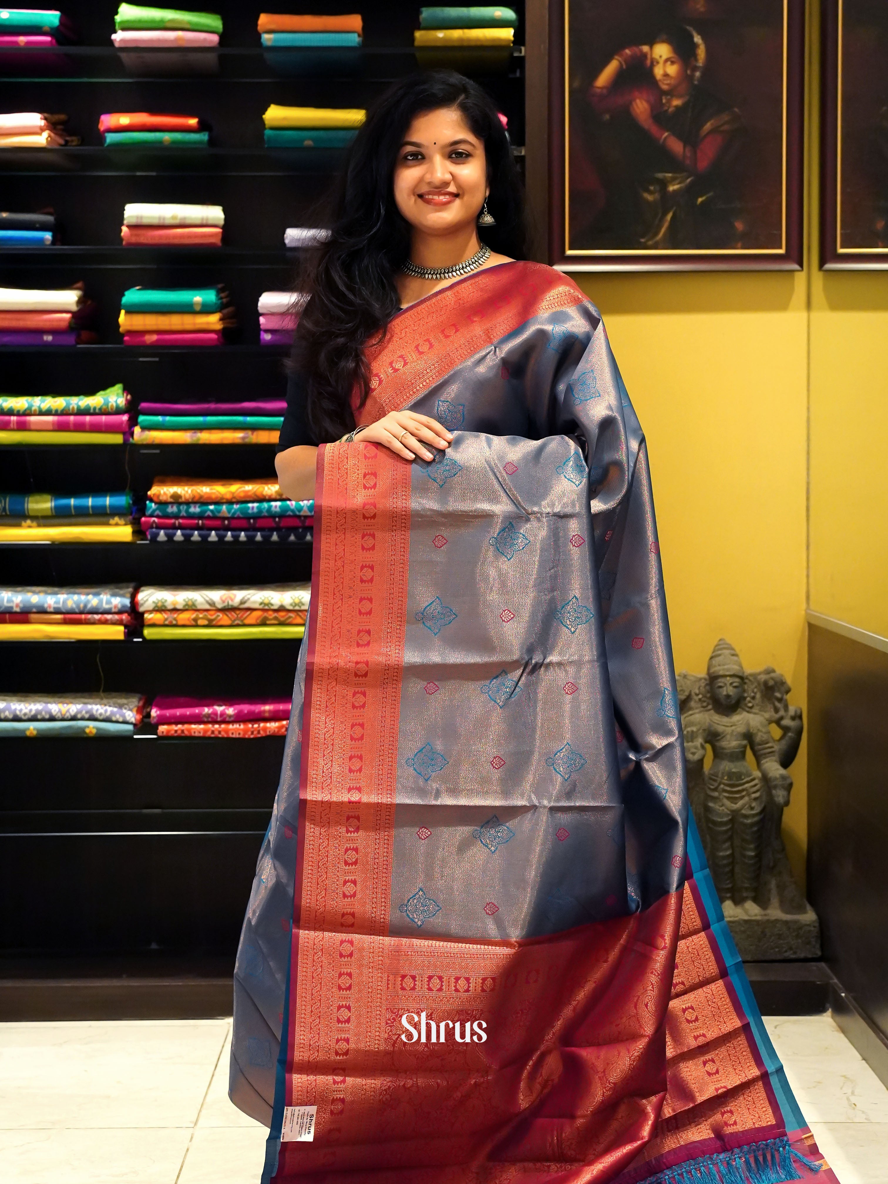 Blue & Maroon- Semi Kanchipuram Saree - Shop on ShrusEternity.com