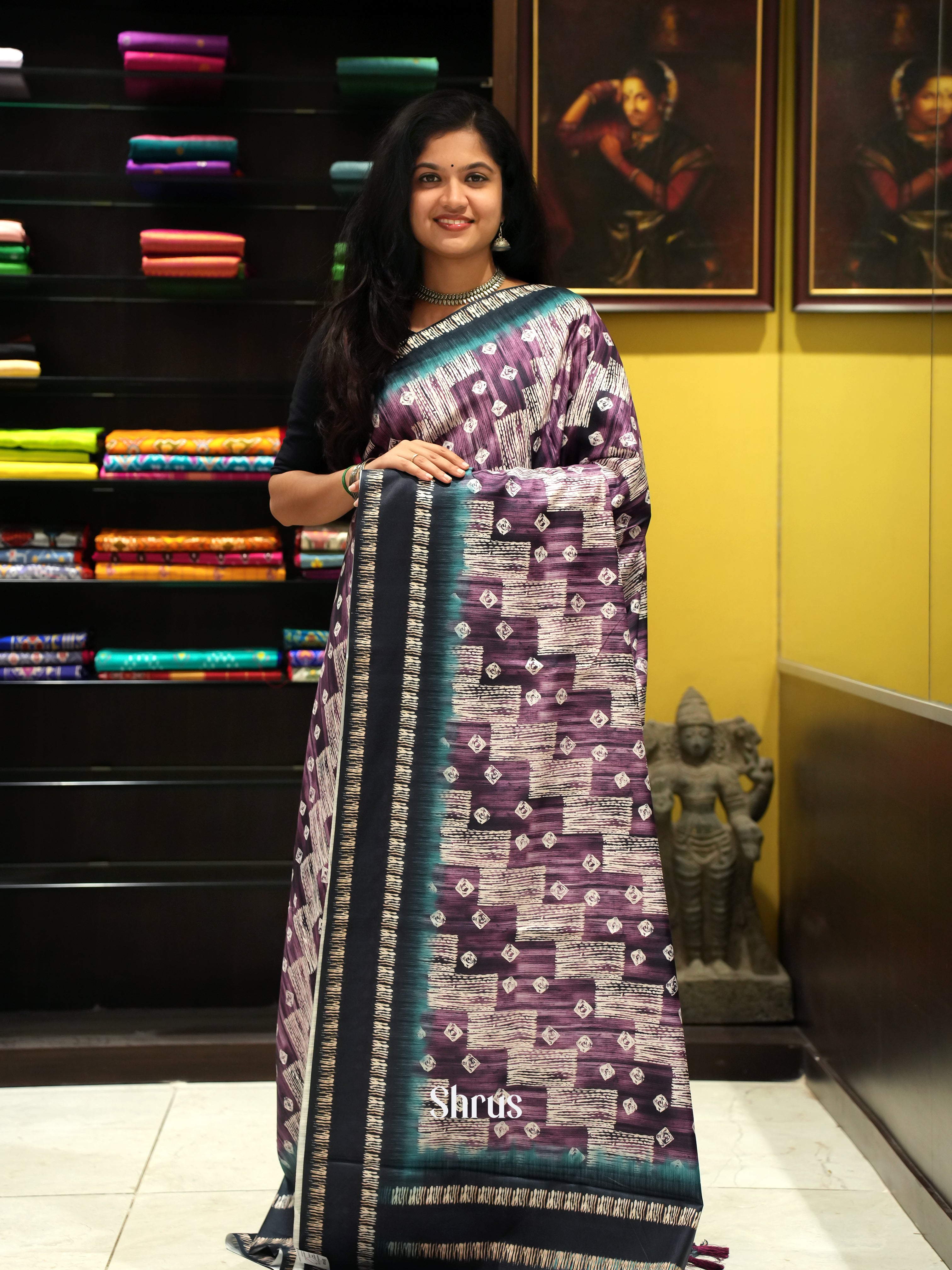 Purple & Black - Semi Crepe Saree - Shop on ShrusEternity.com
