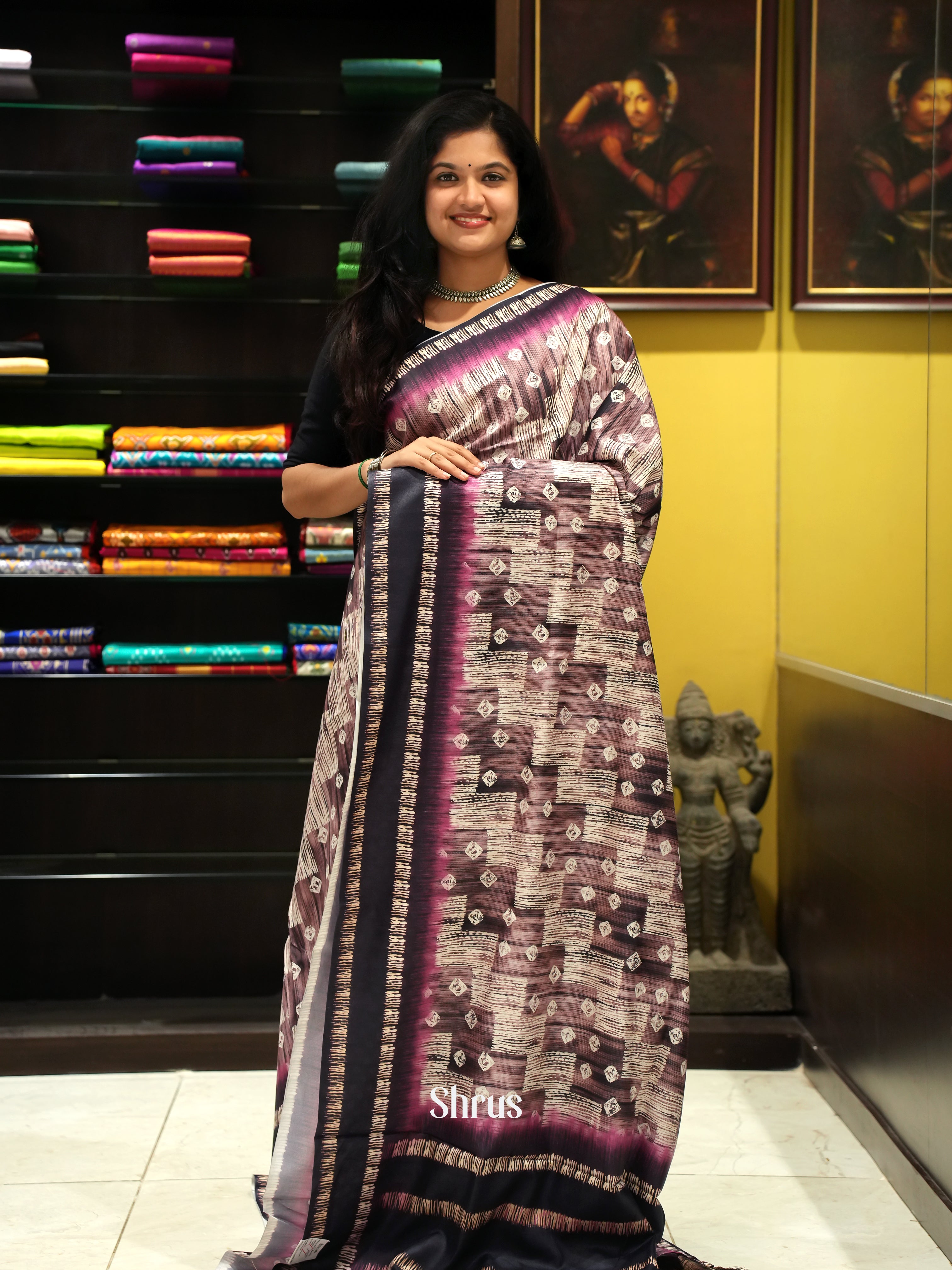 Brown & Black - Semi Crepe Saree - Shop on ShrusEternity.com