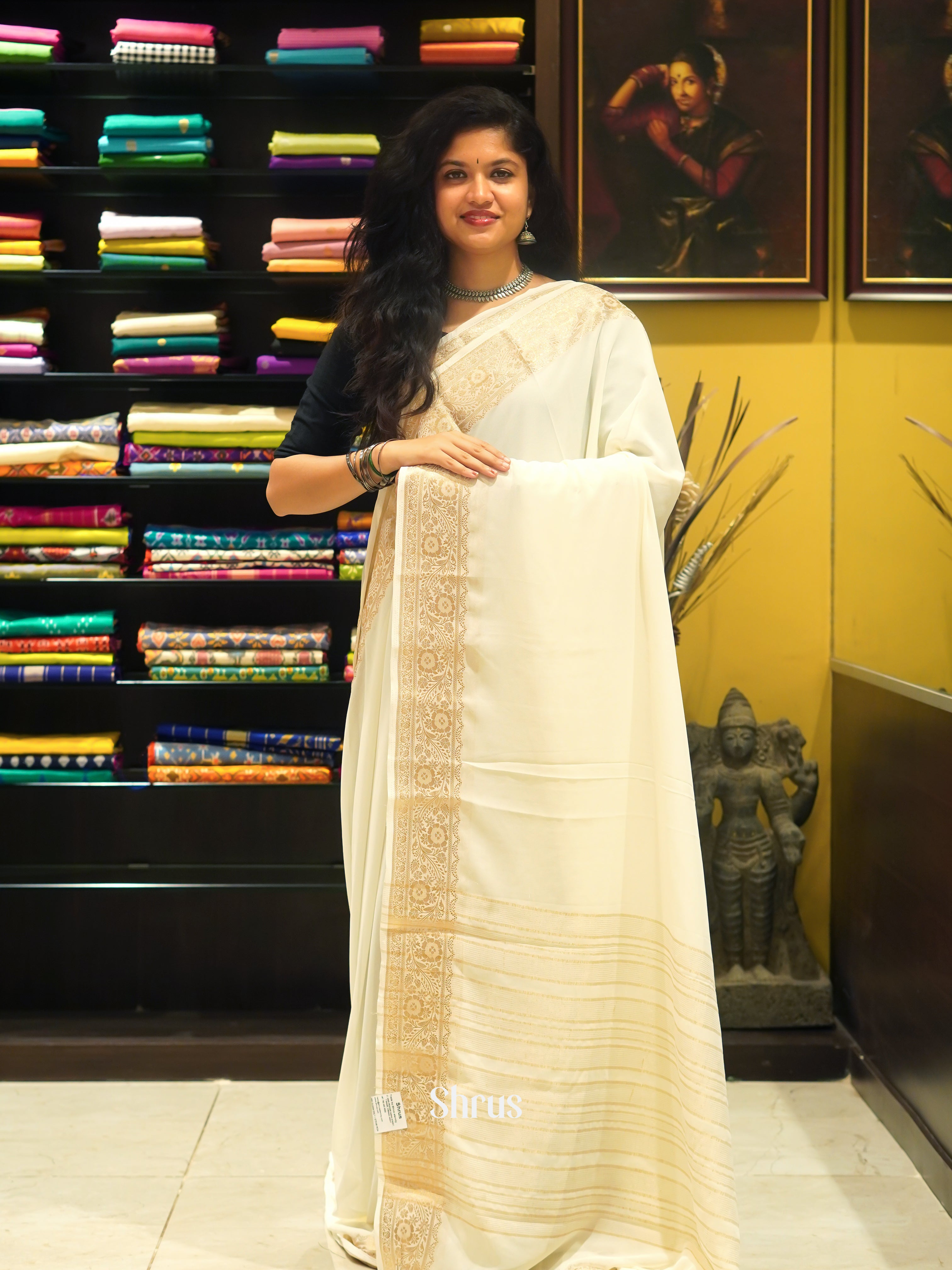 Cream(Single Tone) - Semi Georgette Saree - Shop on ShrusEternity.com