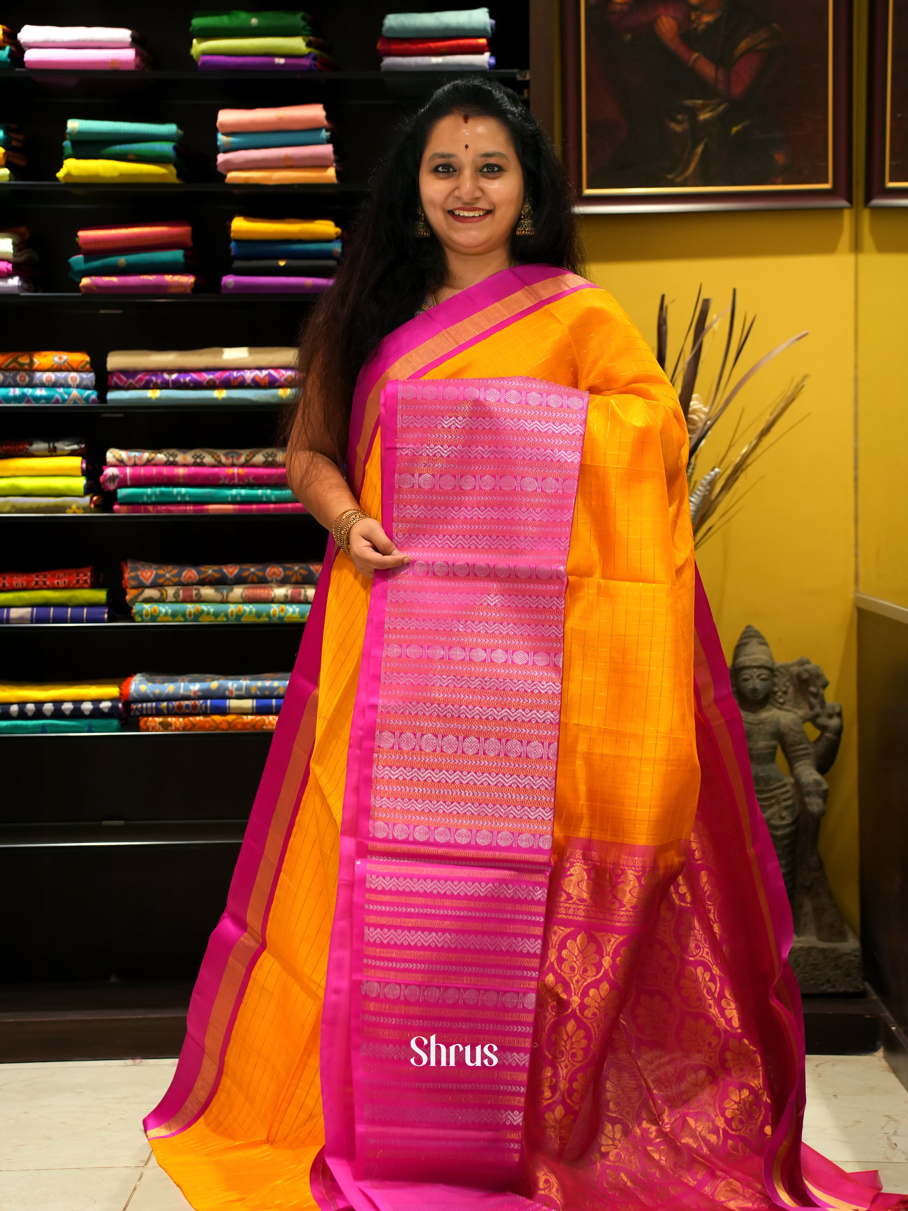 Yellow & Pink - Silk Cotton Saree - Shop on ShrusEternity.com
